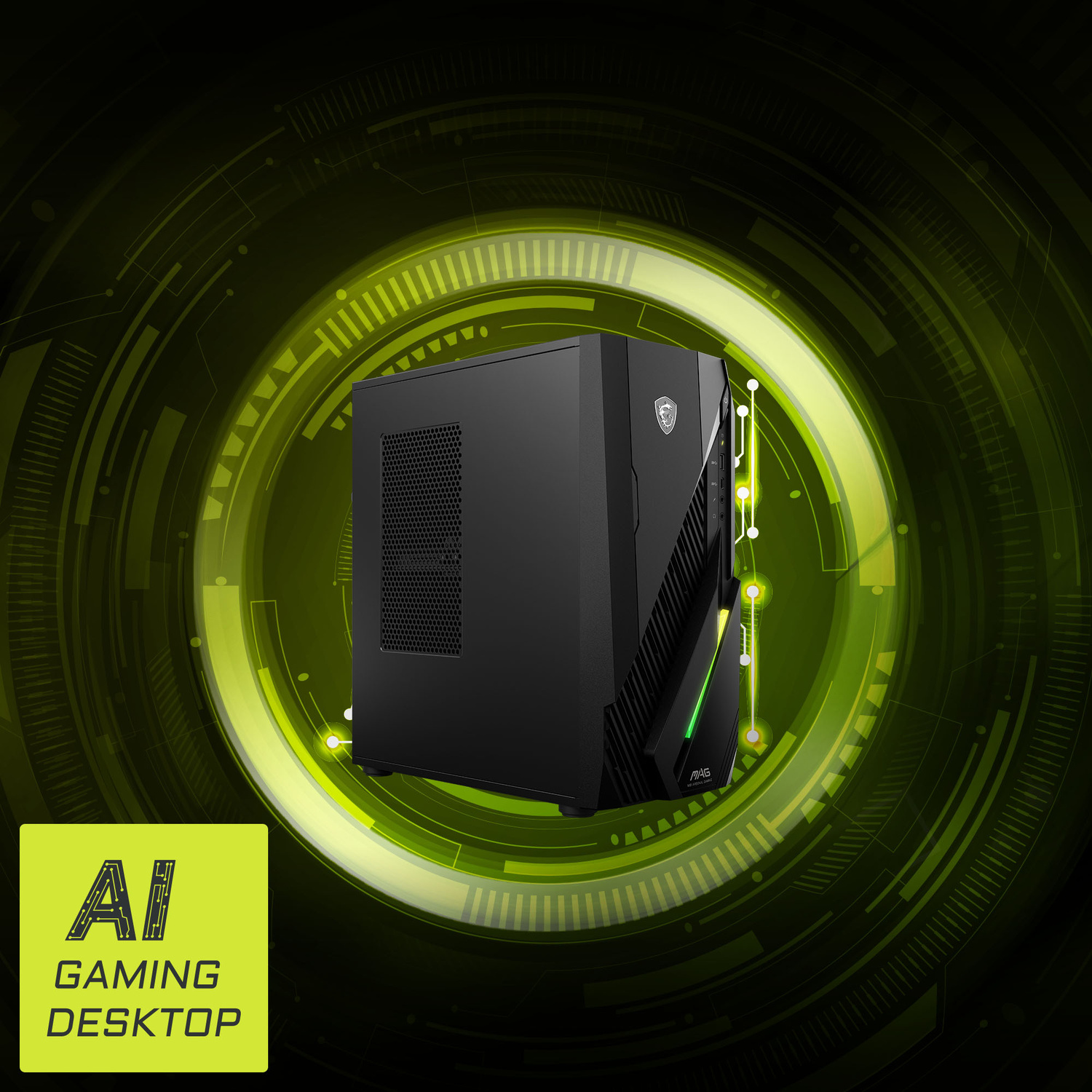 PC desktop gaming nero con sfondo digitale verde e testo AI Gaming Desktop.