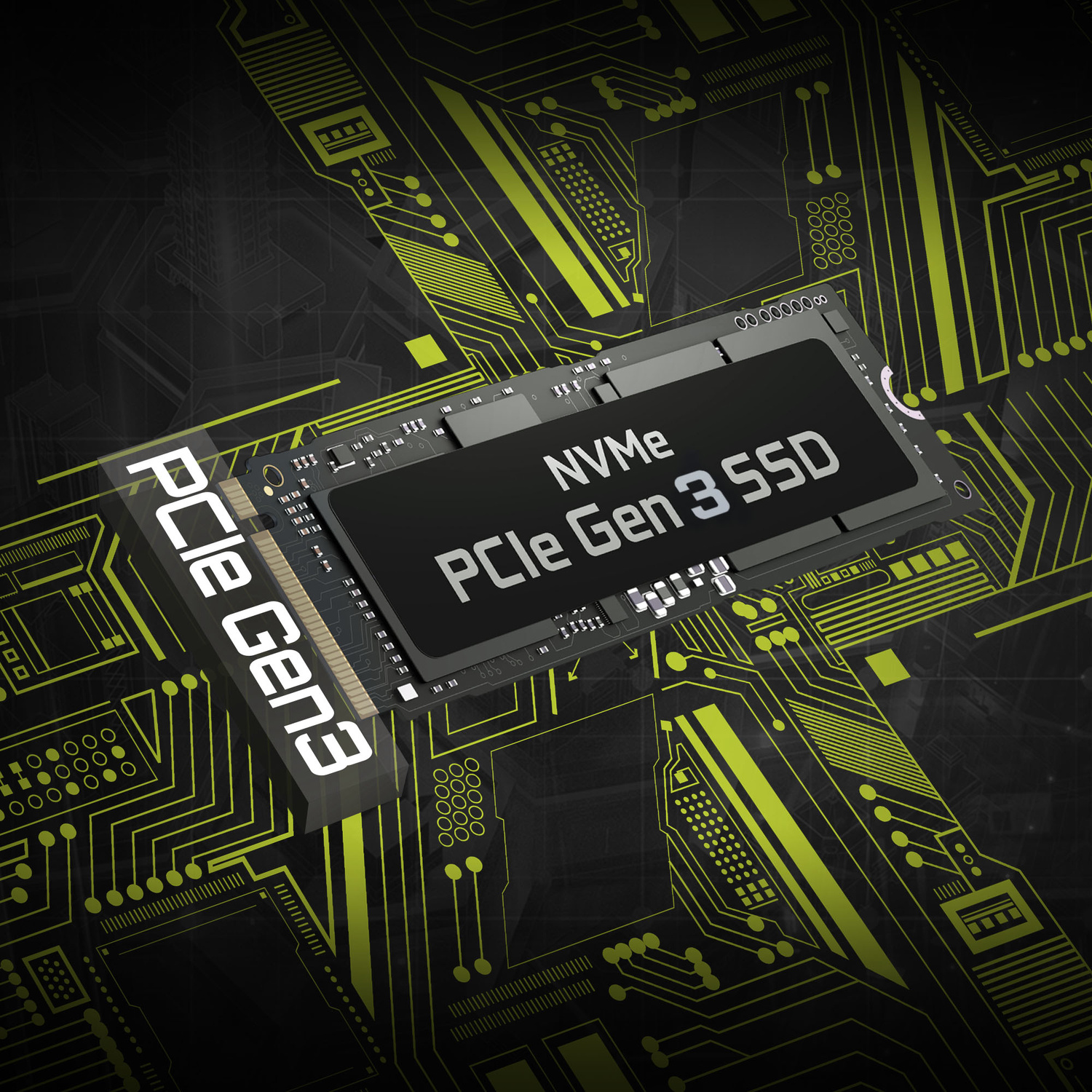 SSD NVMe PCIe Gen 3 su circuito nero con linee verde neon.