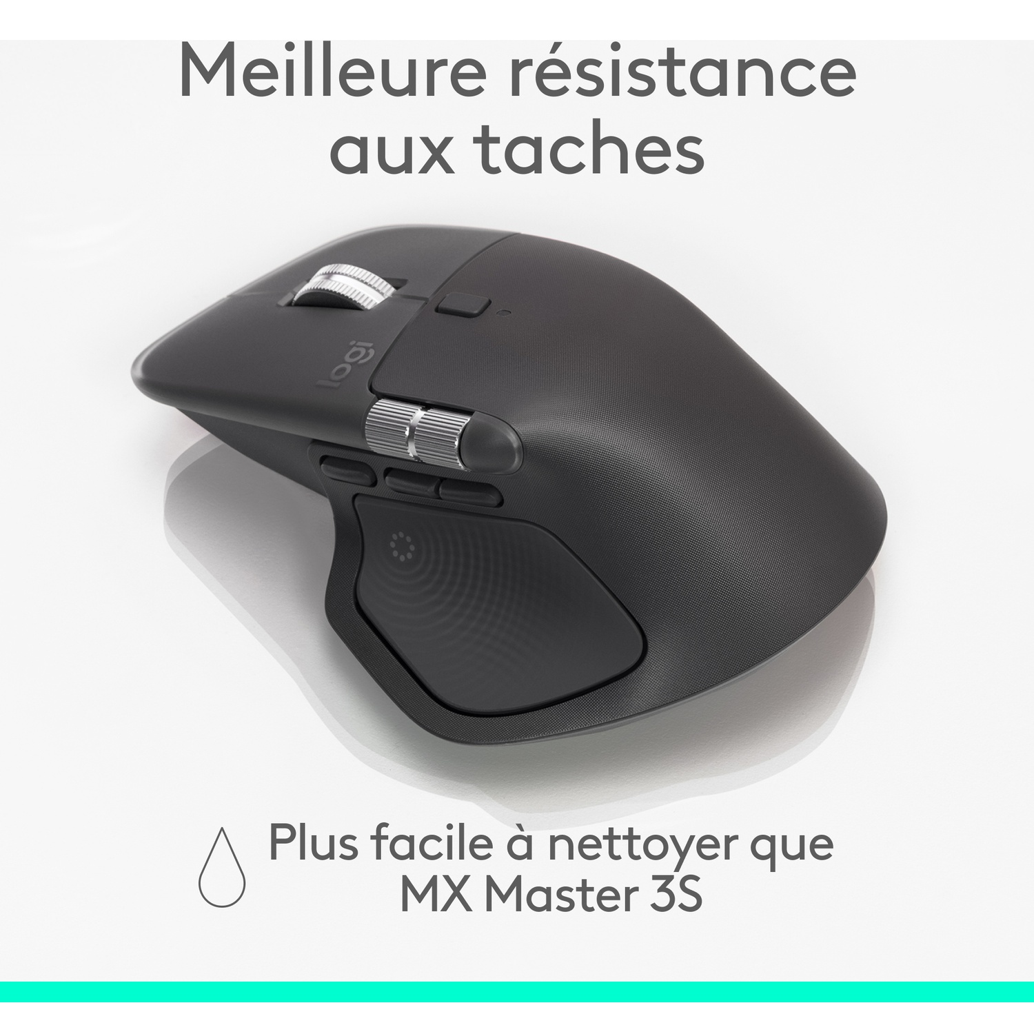 Souris Logitech MX Master 3S noire avec molette et boutons argentés.