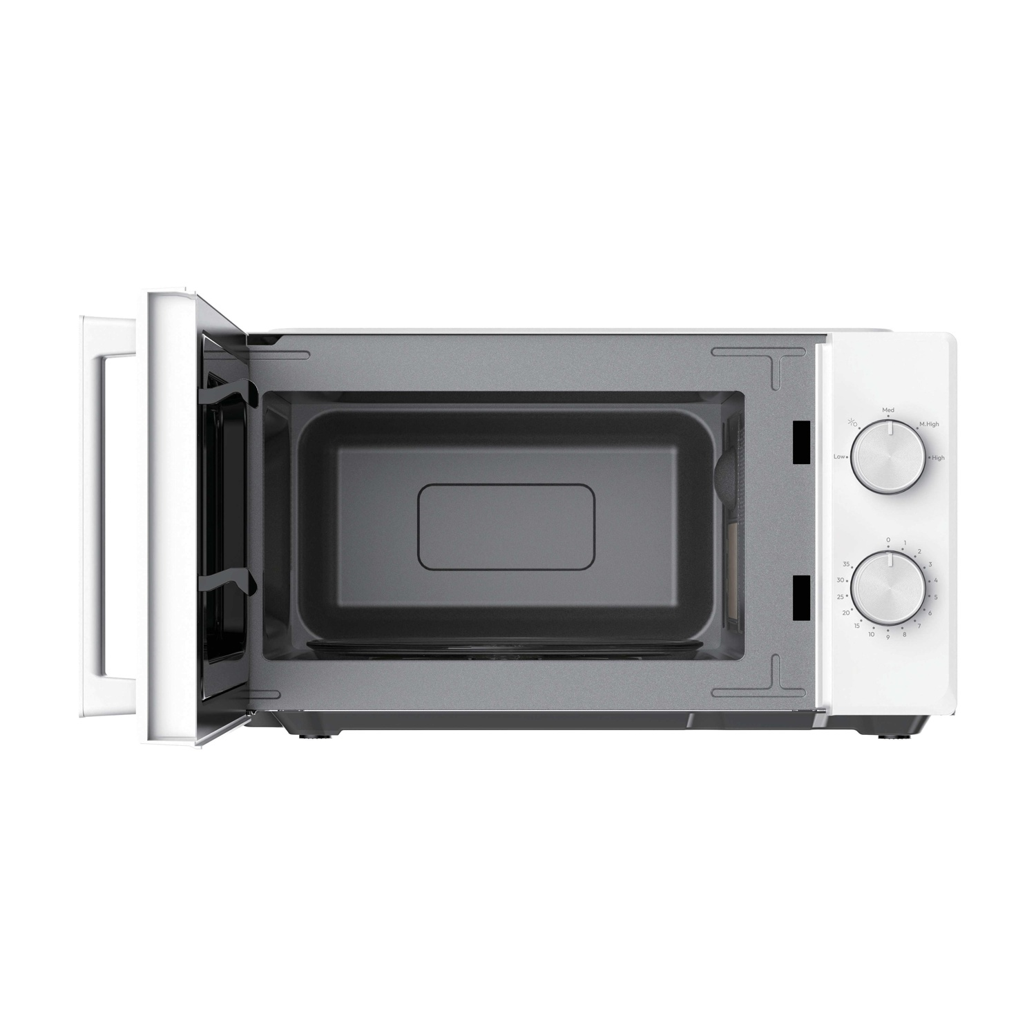 Forno a microonde bianco con porta aperta, interno e due manopole.