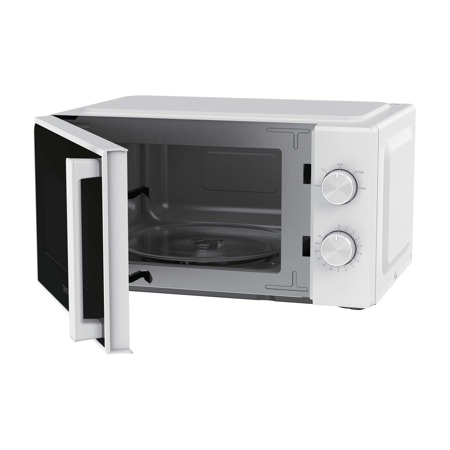 Un forno a microonde bianco con la porta aperta, che mostra il piatto girevole in vetro.