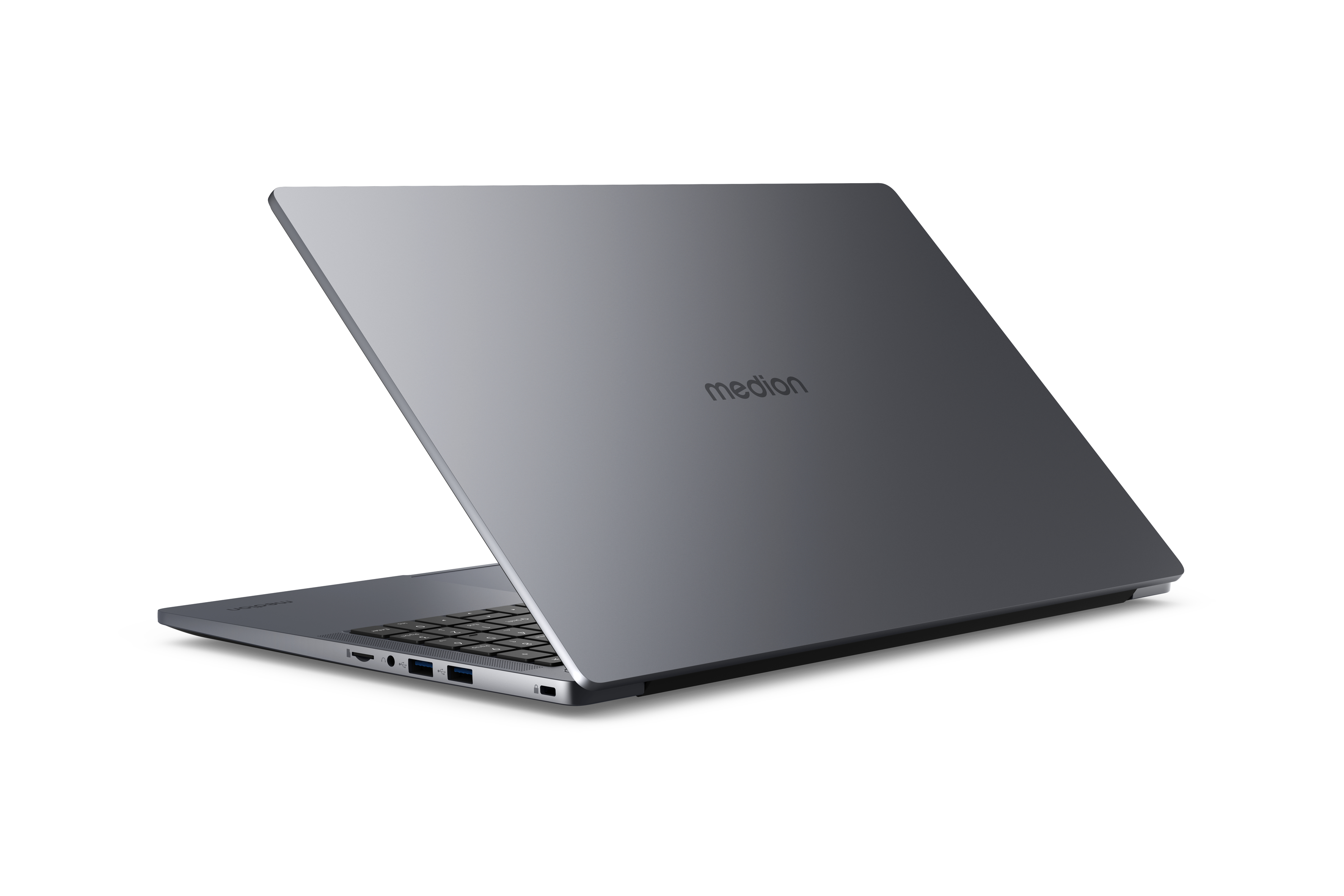 Ein graues Medion-Laptop, teilweise geöffnet, mit Tastatur und Anschlüssen.
