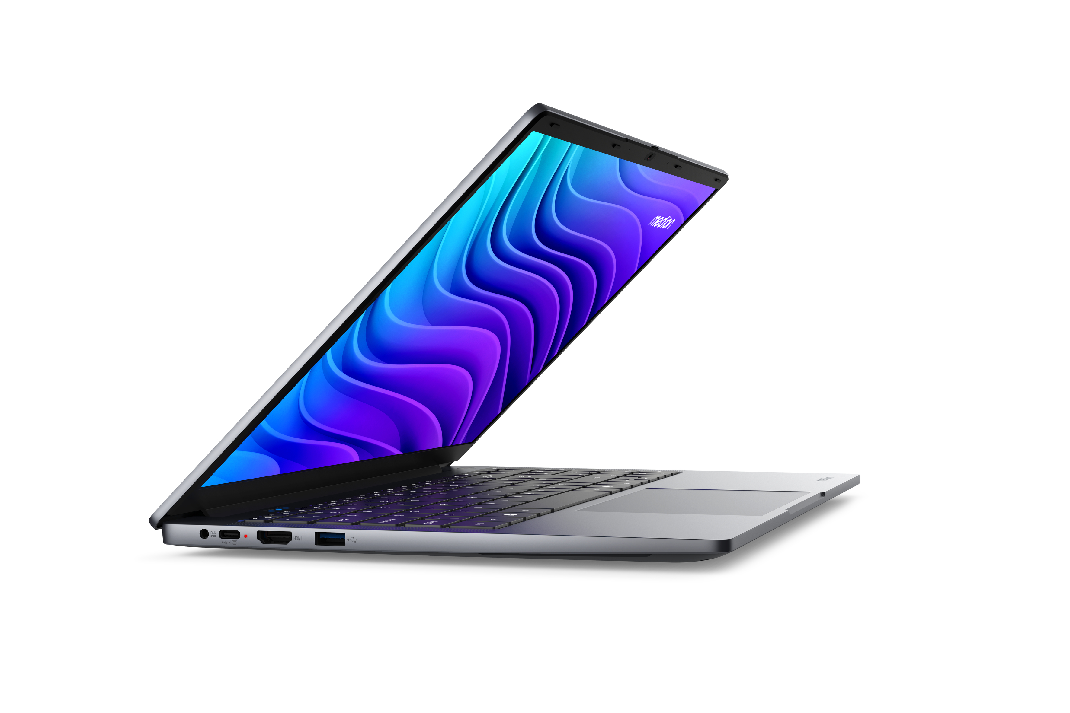 Ein silberner Laptop mit blau-violettem Wellenmuster auf dem Bildschirm.