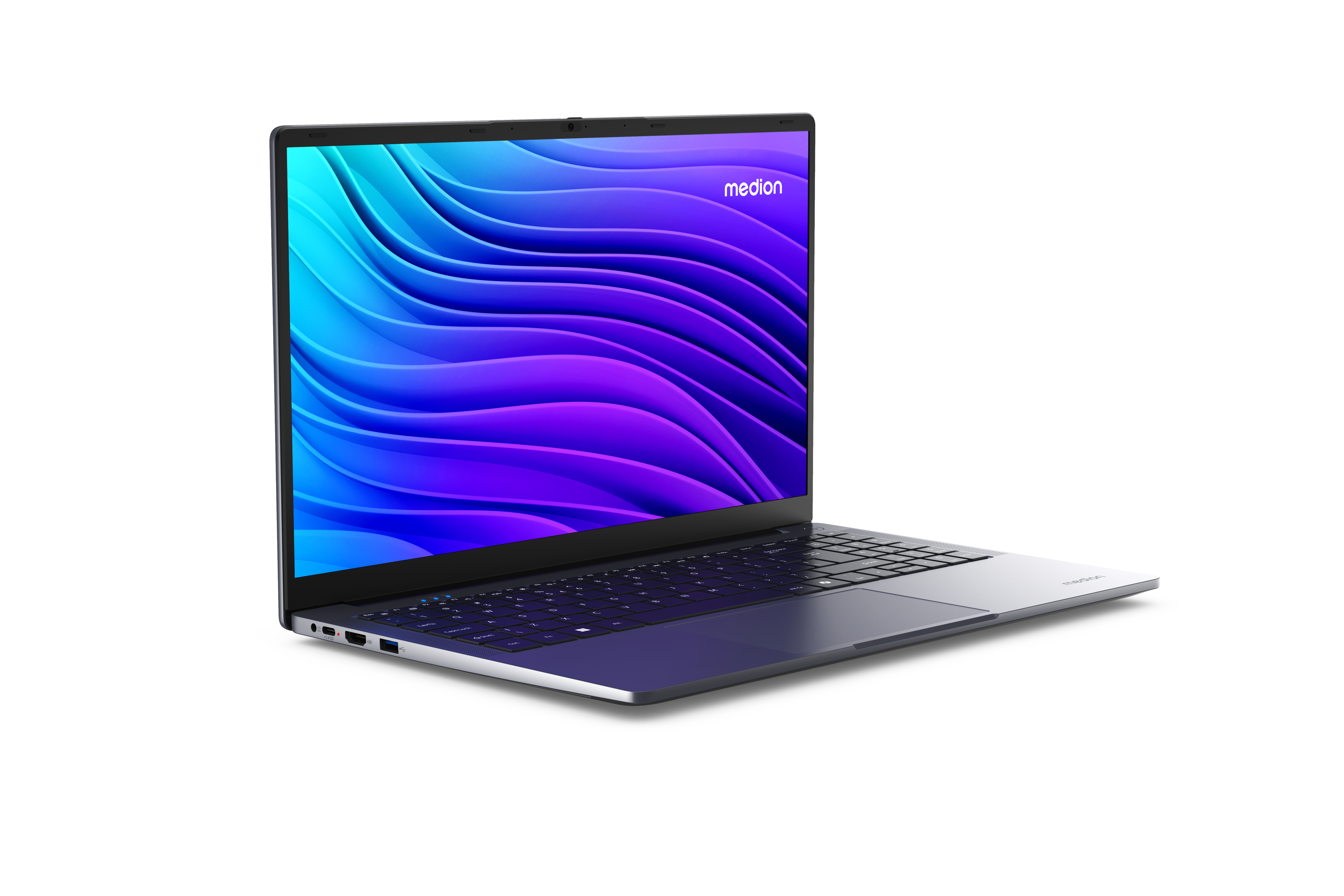 Ein offener Laptop mit blau-violetter Wellen-Hintergrundgrafik auf dem Bildschirm.