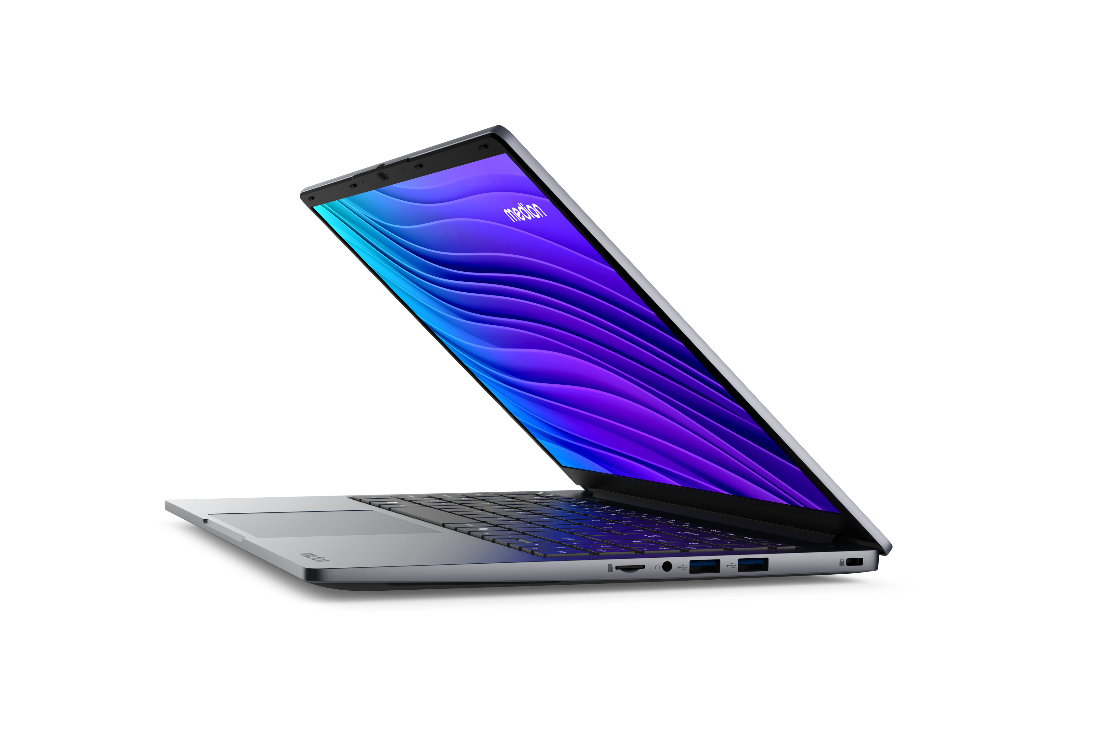 Ein geöffneter, silberner Laptop mit Tastatur und Medion-Logo auf dem Bildschirm.