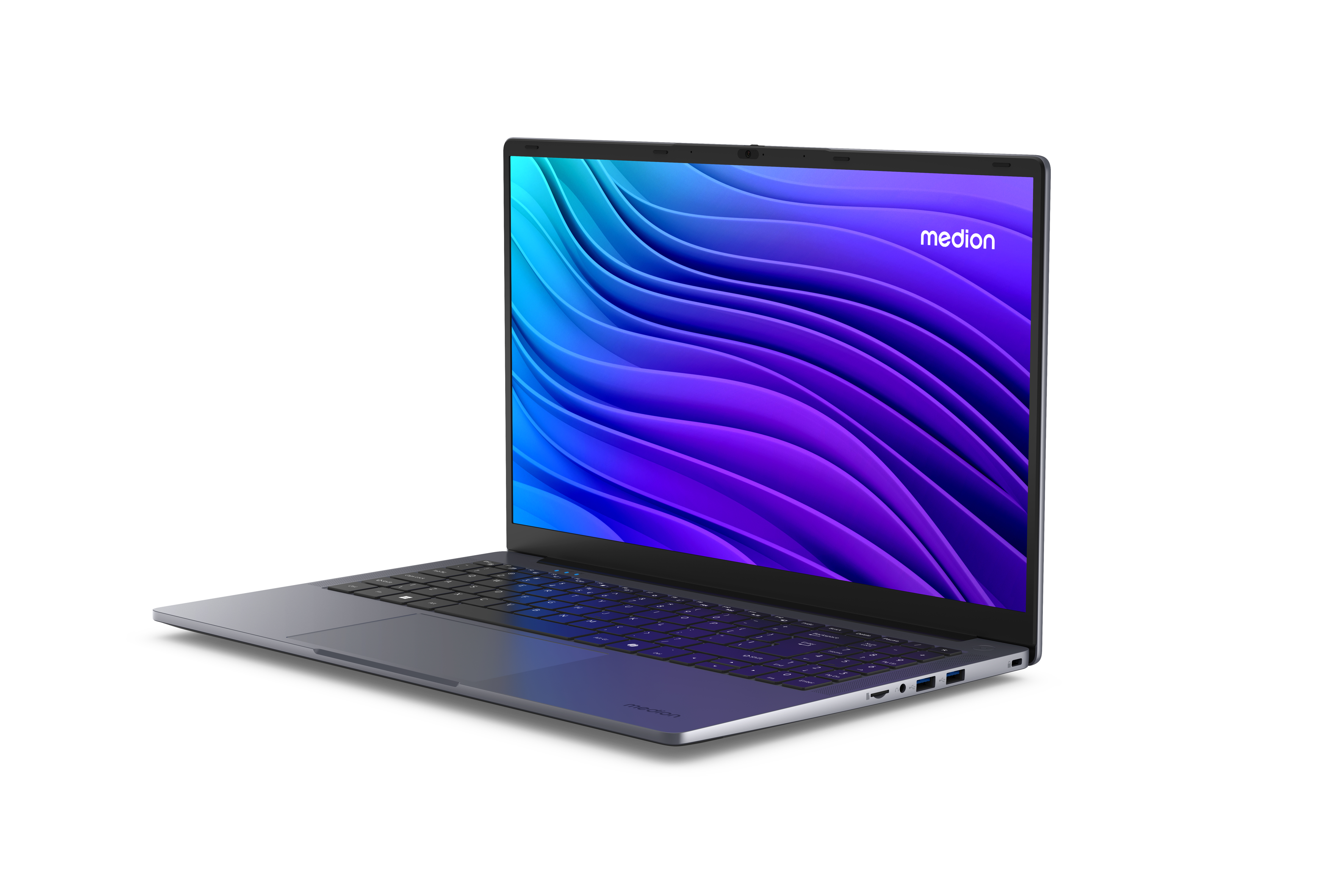 Ein geschlossener Laptop mit Medion-Logo und blau-violetter Wellenmuster-Hintergrund.