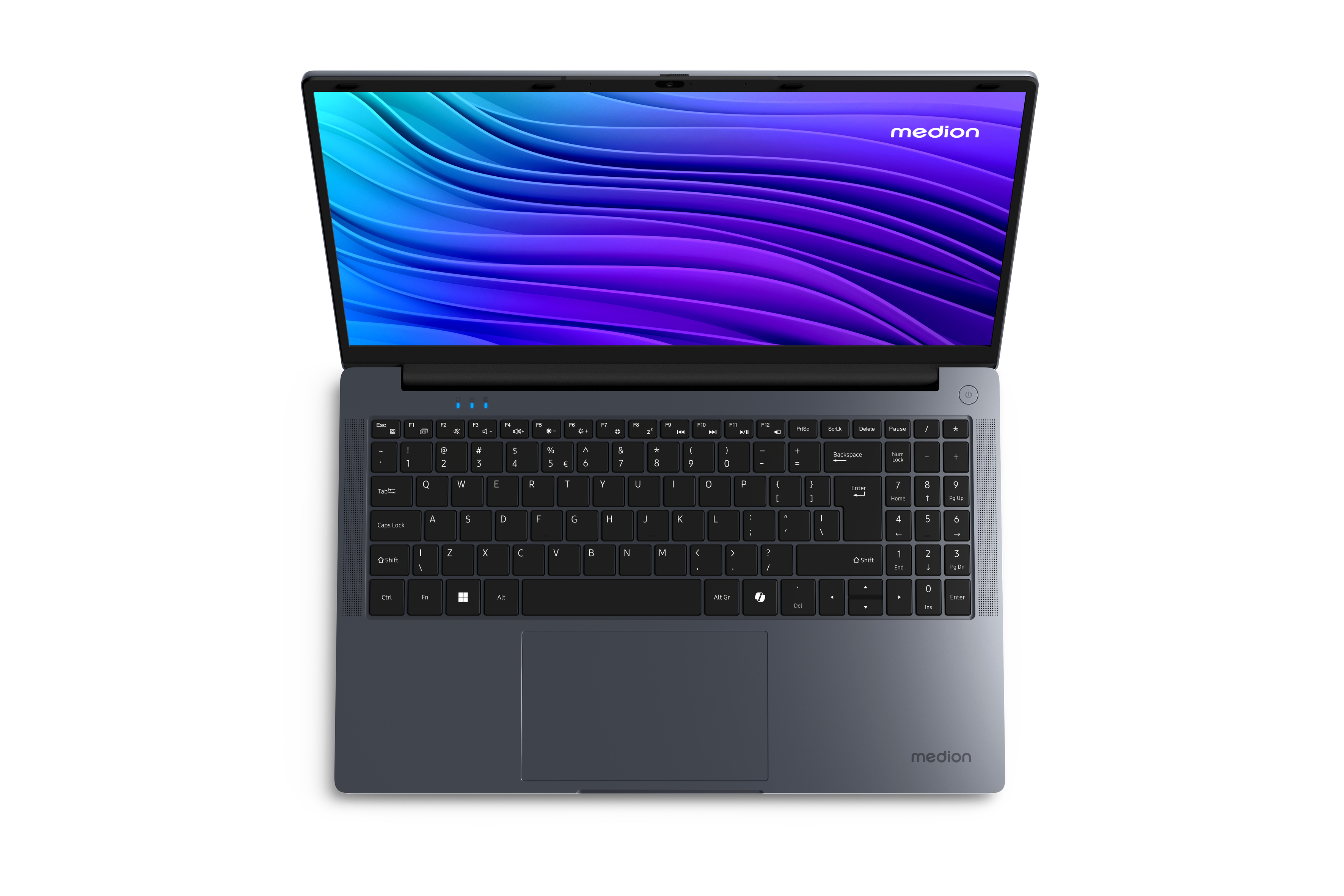 Ein geöffneter, dunkler Medion Laptop mit einem blauen und violetten Hintergrund auf dem Bildschirm.