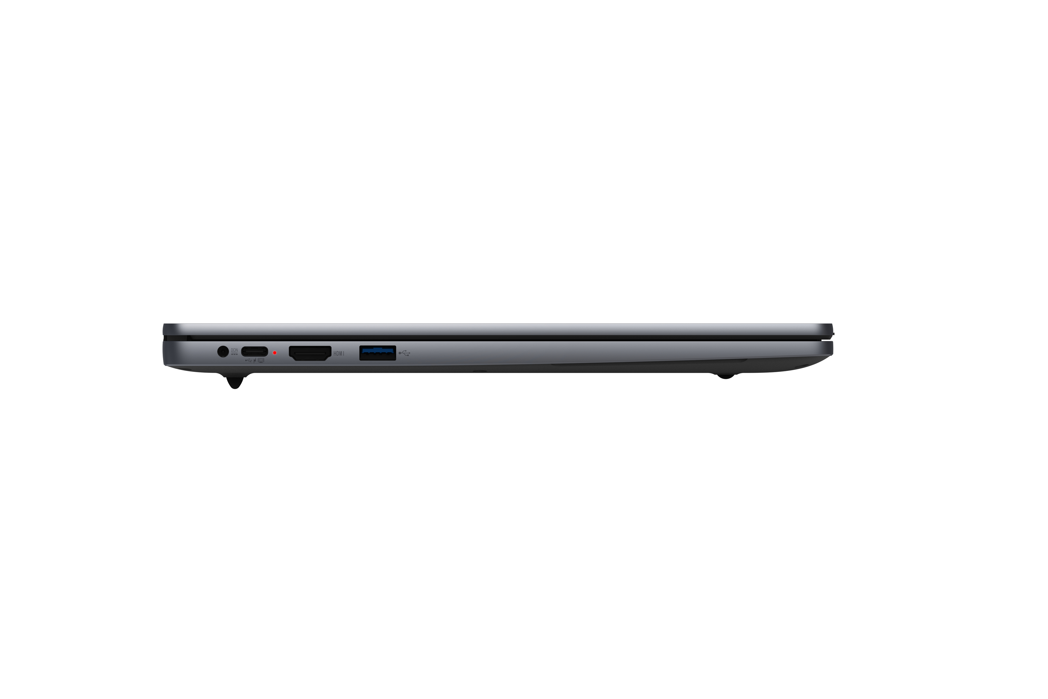 Grauer Laptop-Anschluss mit USB-C, HDMI und USB-A-Ports.