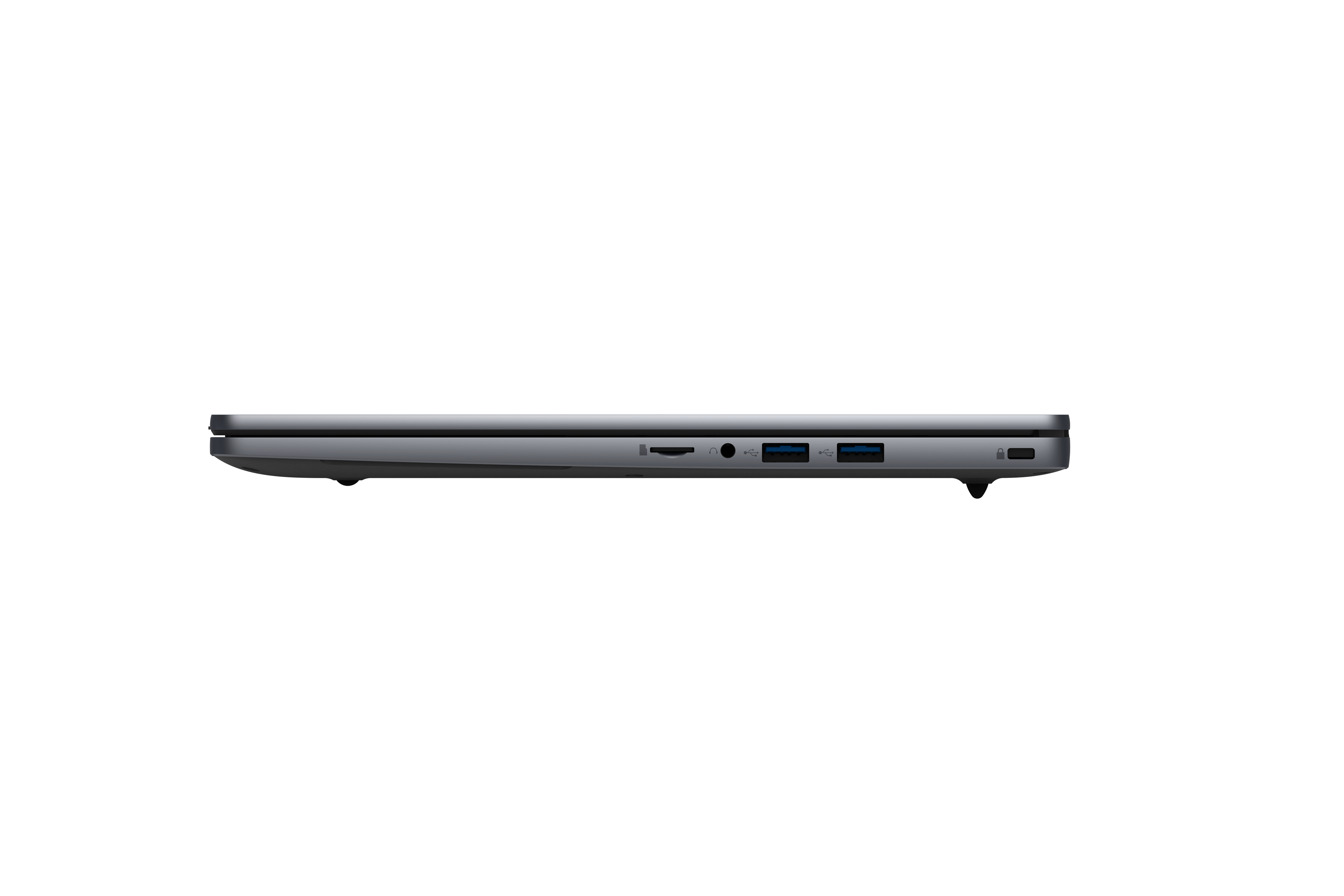 Draufsicht eines geschlossenen Laptops mit Anschlüssen an der Seite.