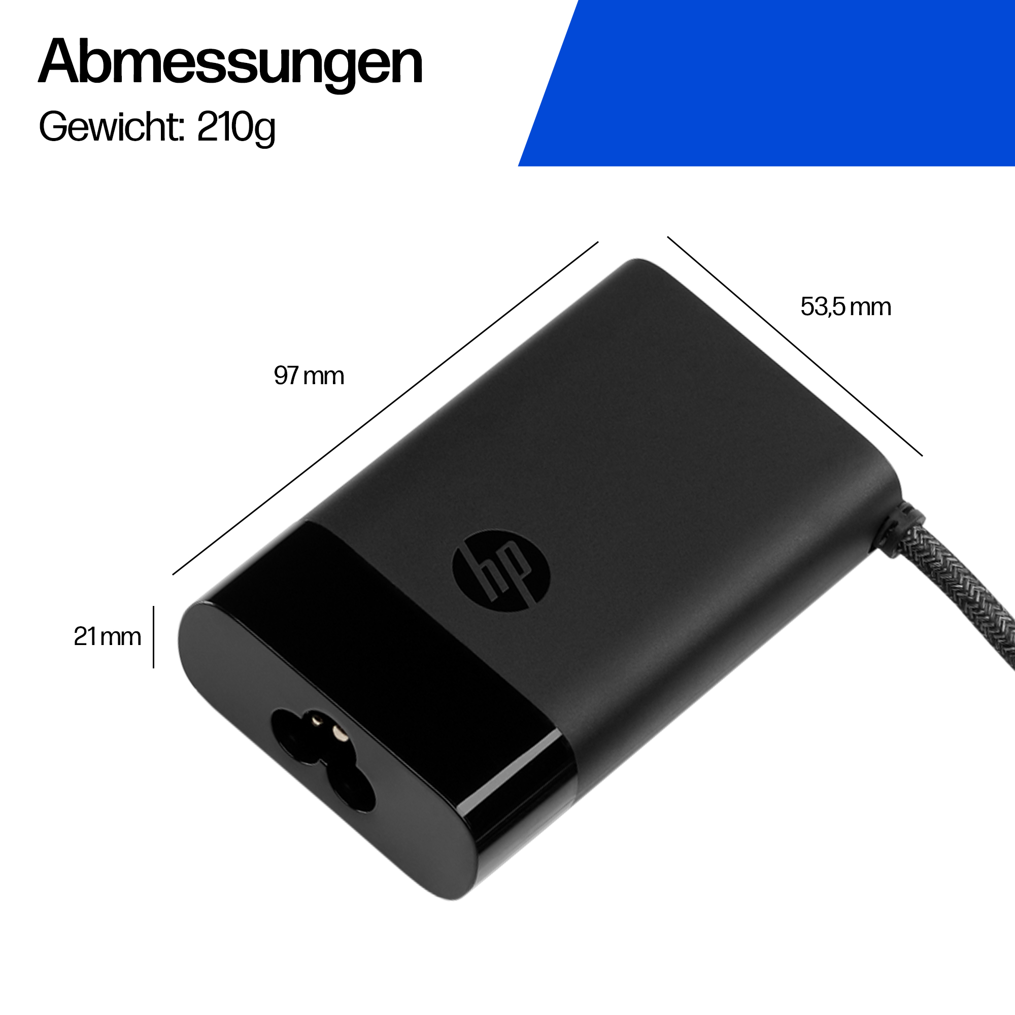 Schwarzer HP Netzteil-Adapter mit Maßen 97x53,5x21mm und 210g Gewicht.