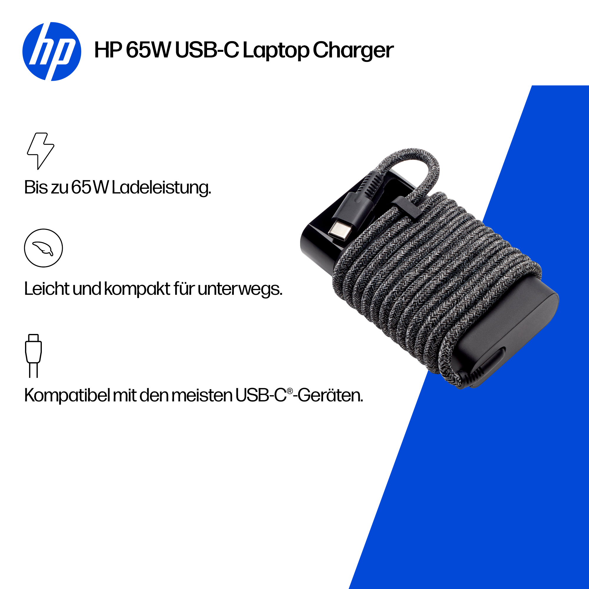 HP 65W USB-C Laptop Lader mit Kabel, leicht und kompakt.