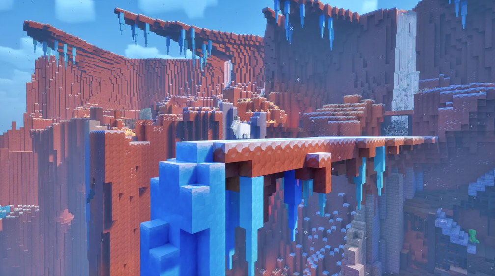 Ein weißes Ziegenwesen steht auf einer eisigen Plattform in einer roten Felslandschaft mit blauen Eiszapfen.