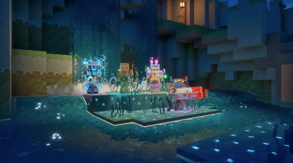 Vier Minecraft-Charaktere stehen auf einer Plattform im Wasser, mit einer Burg im Hintergrund.
