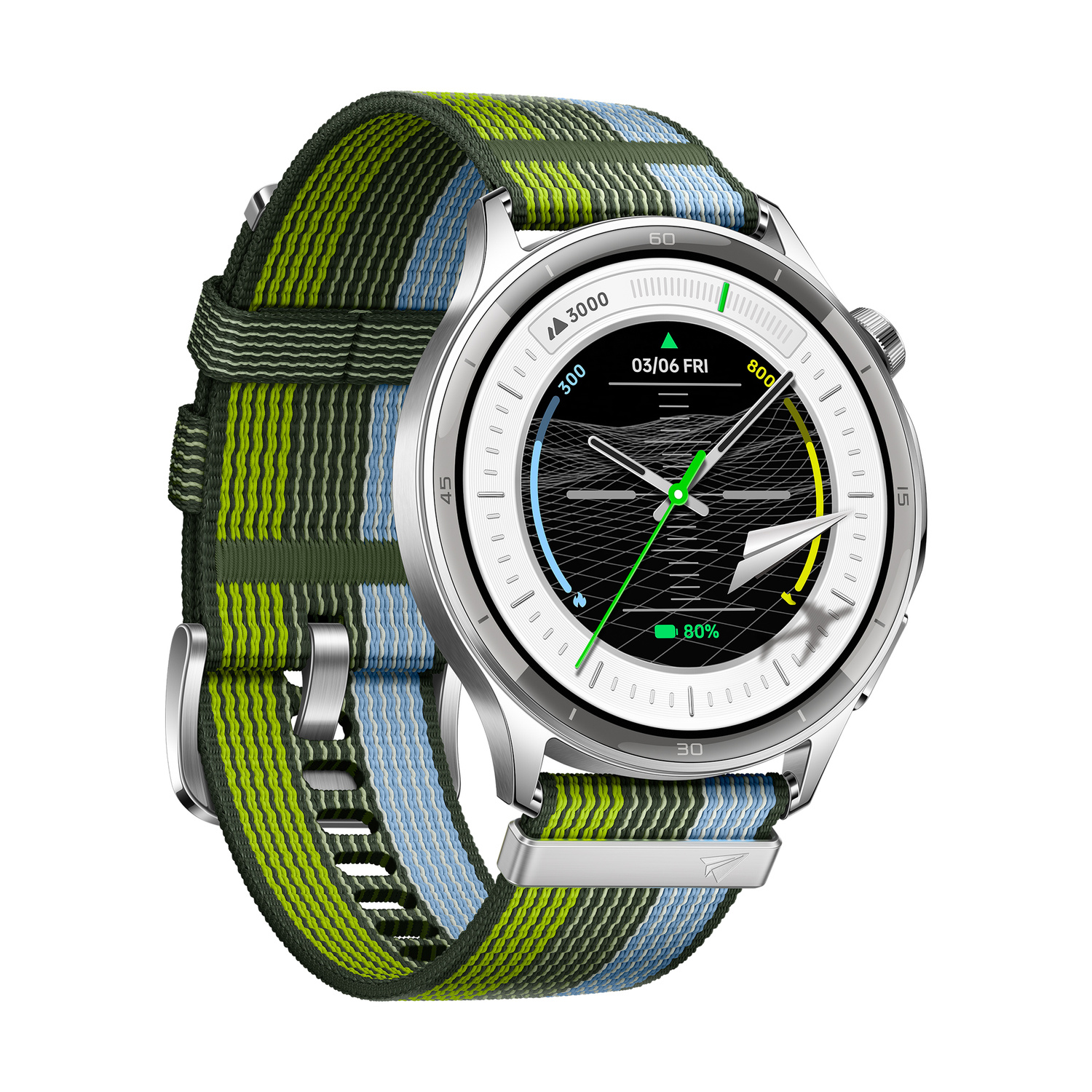 Uno smartwatch argentato con cinturino in tessuto a strisce verdi e blu.