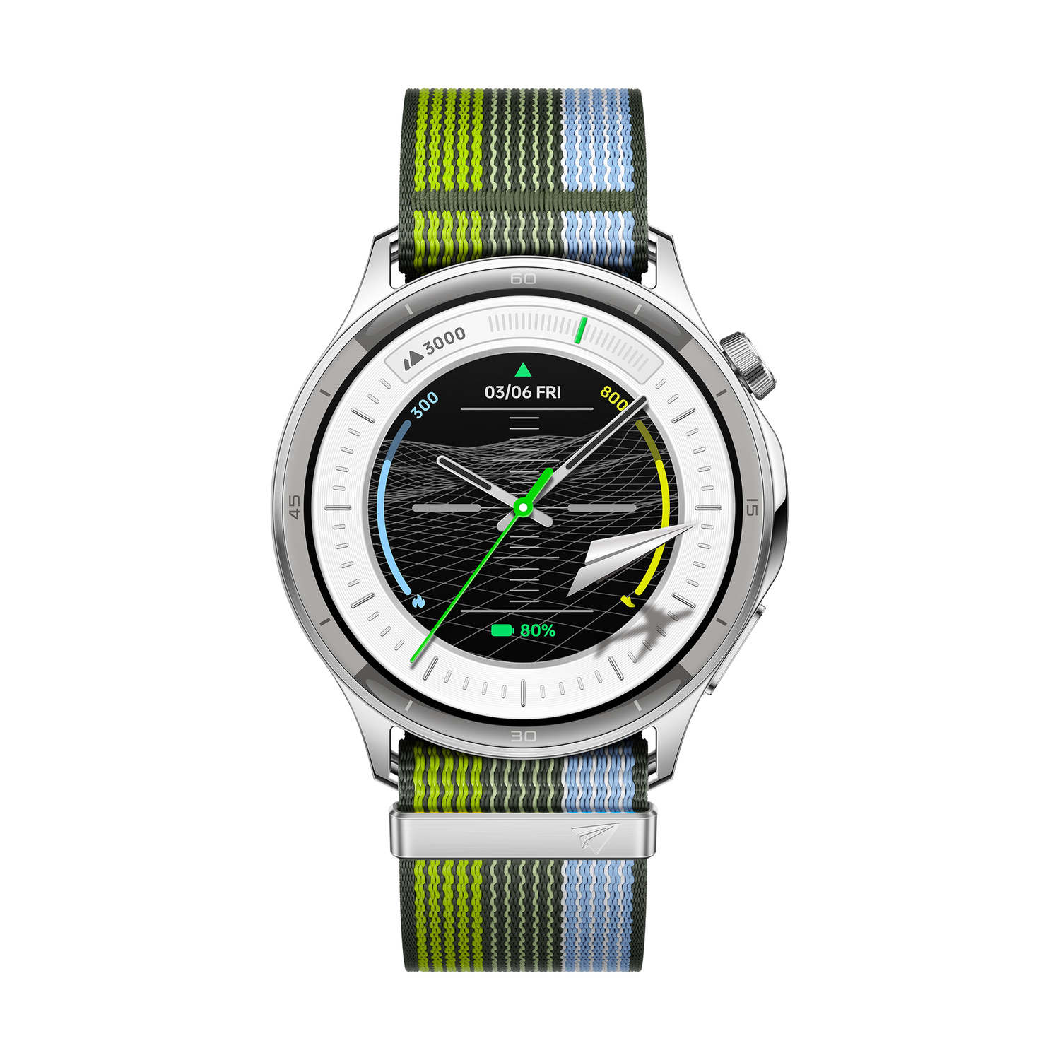 Smartwatch argentato con cinturino a strisce colorate, quadrante nero e 80% di batteria.
