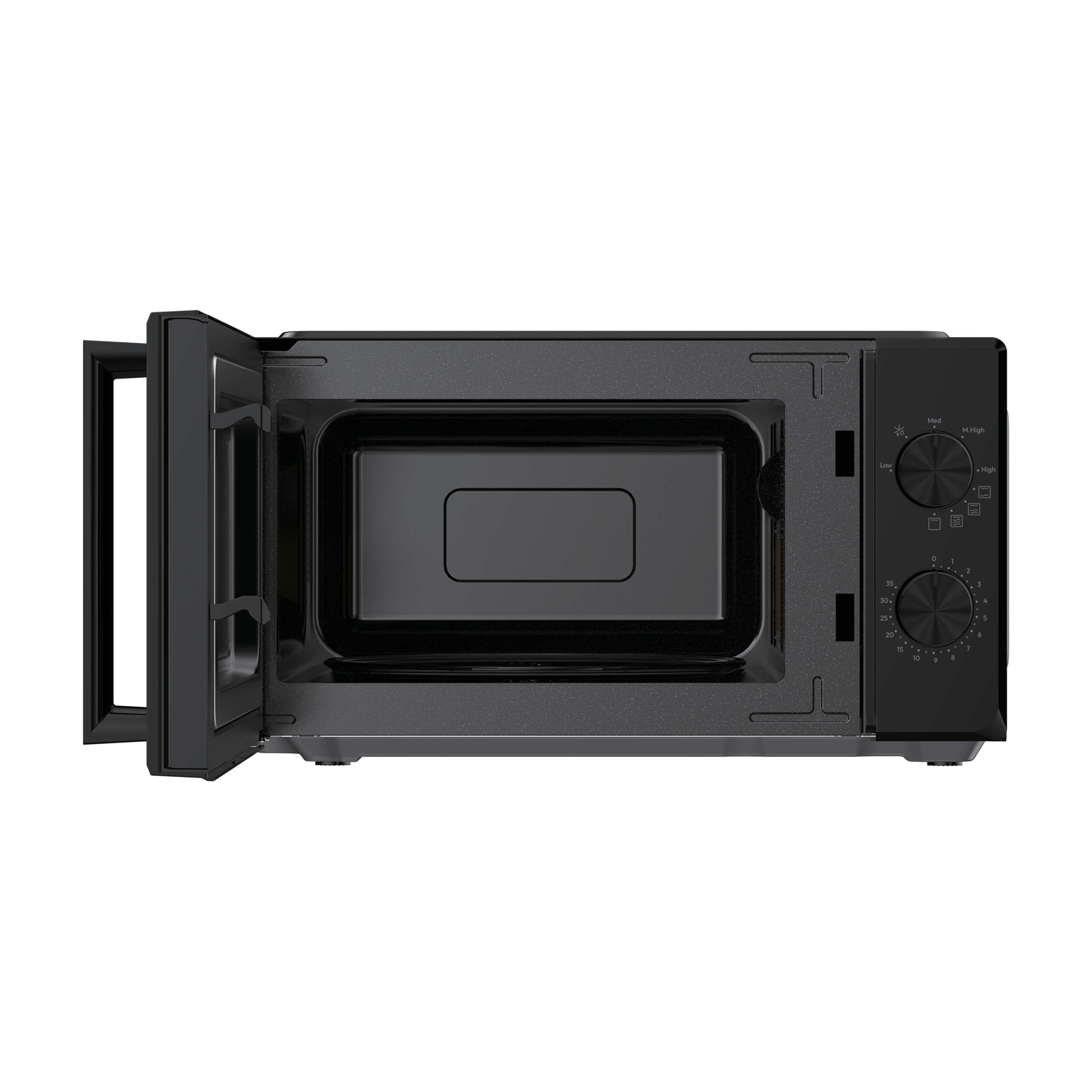 Forno a microonde nero con porta aperta, interno e manopole di controllo visibili.