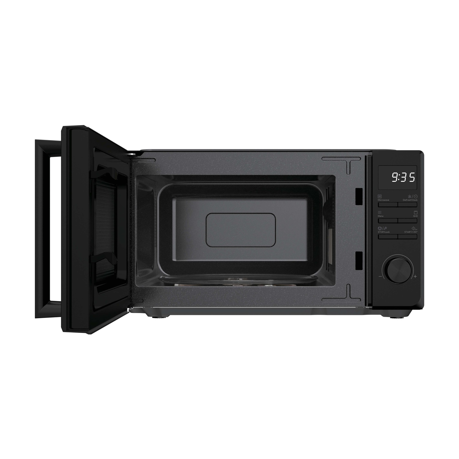 Forno a microonde nero con porta aperta e display digitale 9:35.