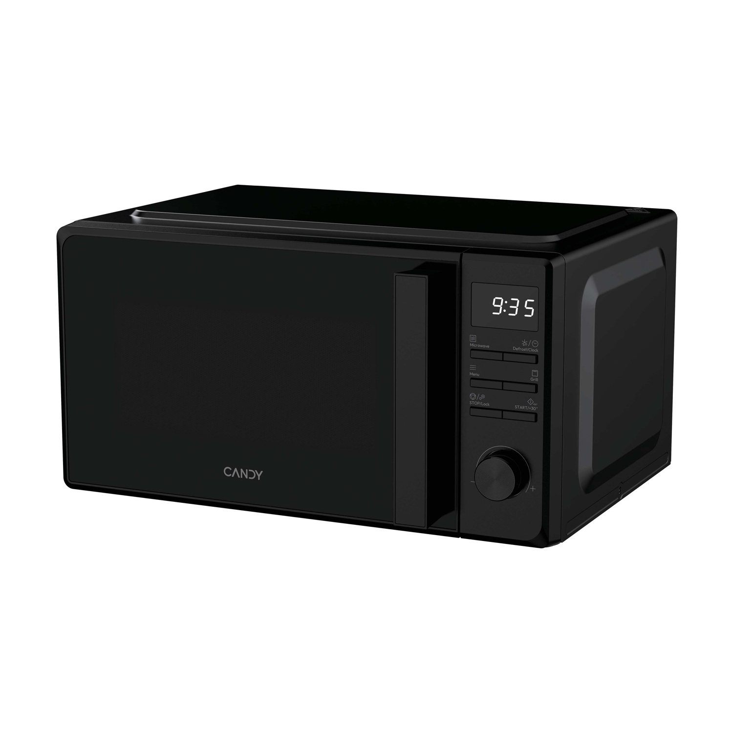 Un forno a microonde Candy nero con display digitale e pulsanti di controllo.