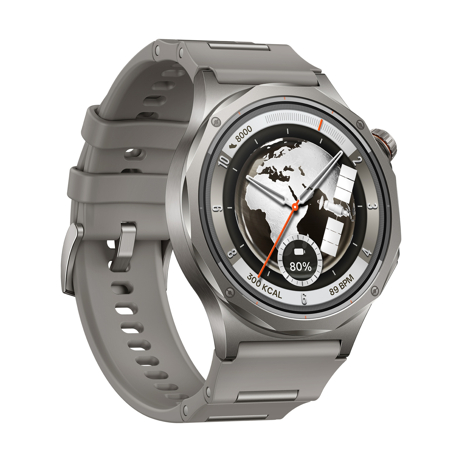 Smartwatch grigio con cassa argentata e display mappa del mondo, mostra 80% batteria, 300 kcal, 89 bpm.