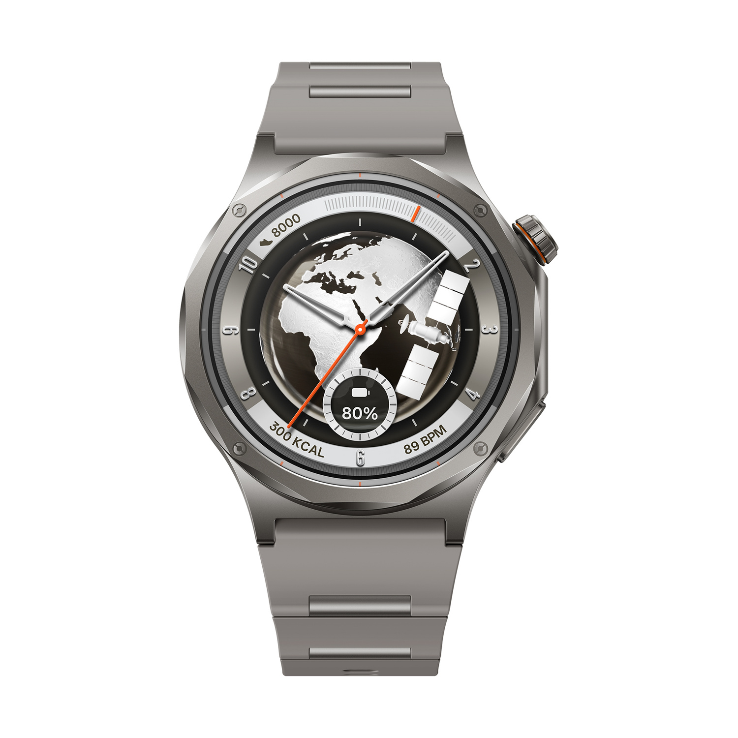 Smartwatch grigio con display mappa del mondo, 80% batteria, 300 kcal, 89 BPM.