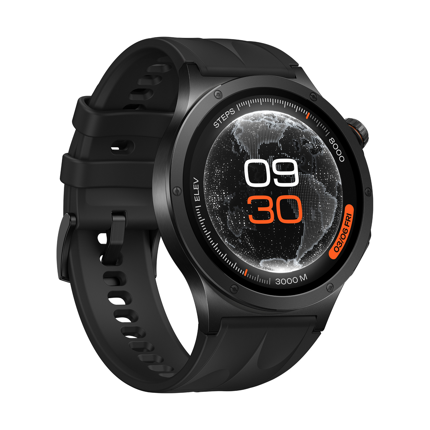 Smartwatch nero con display digitale: 09:30, 8000 passi, 3000M.