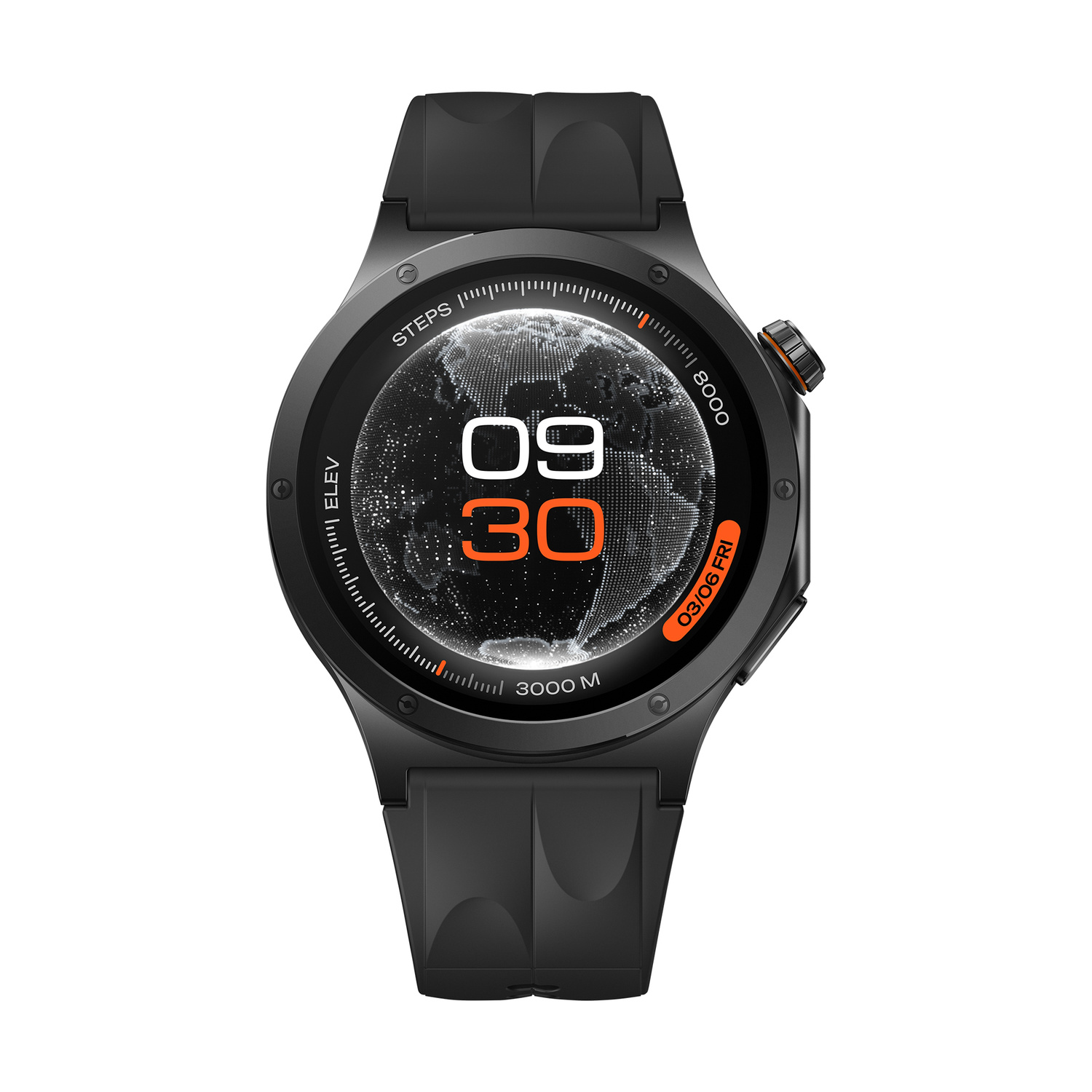 Uno smartwatch nero con display digitale che mostra le 09:30 e il 3 giugno.