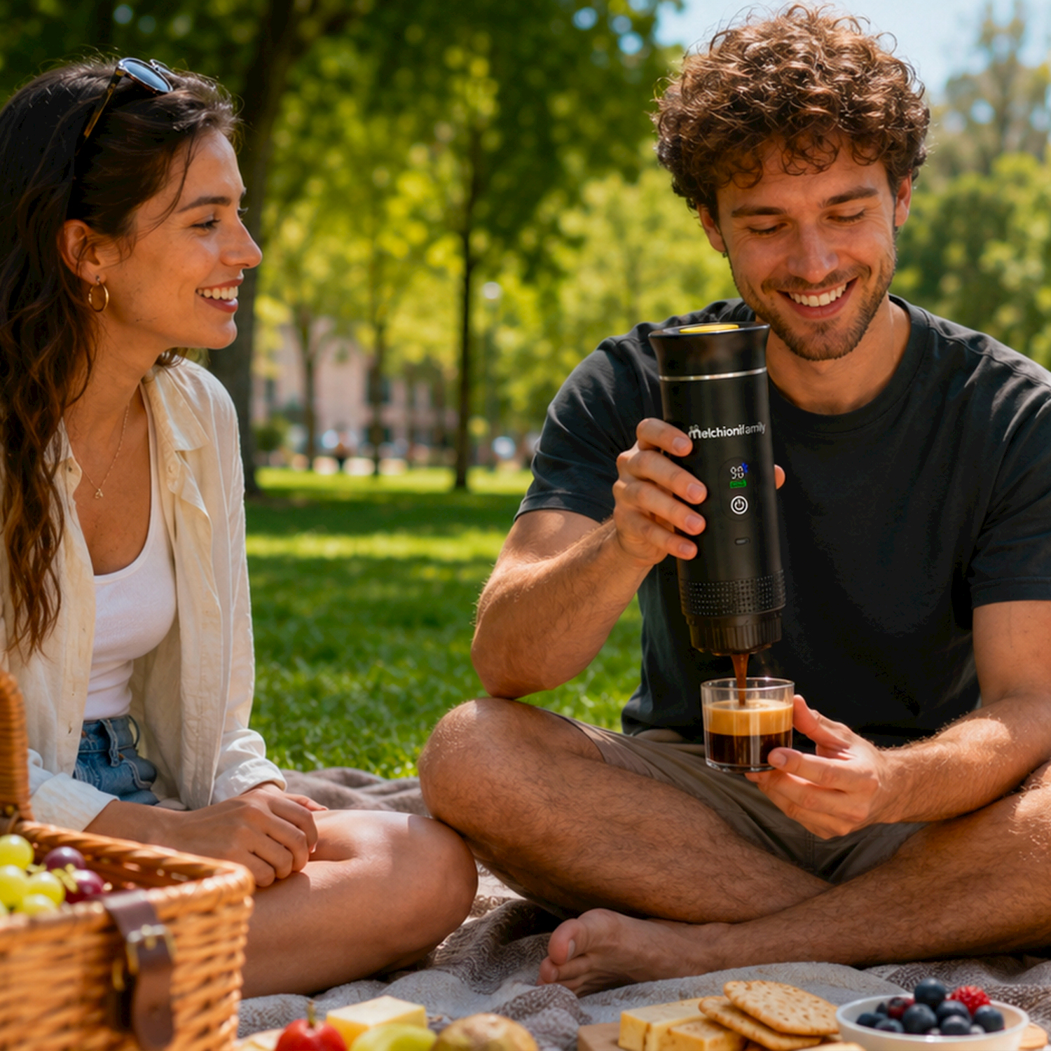 Un uomo versa il caffè in un bicchiere mentre fa un picnic con una donna su una coperta.