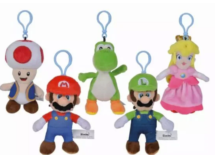 Fünf Mario-Plüschtiere: Toad, Mario, Yoshi, Luigi und Prinzessin Peach.