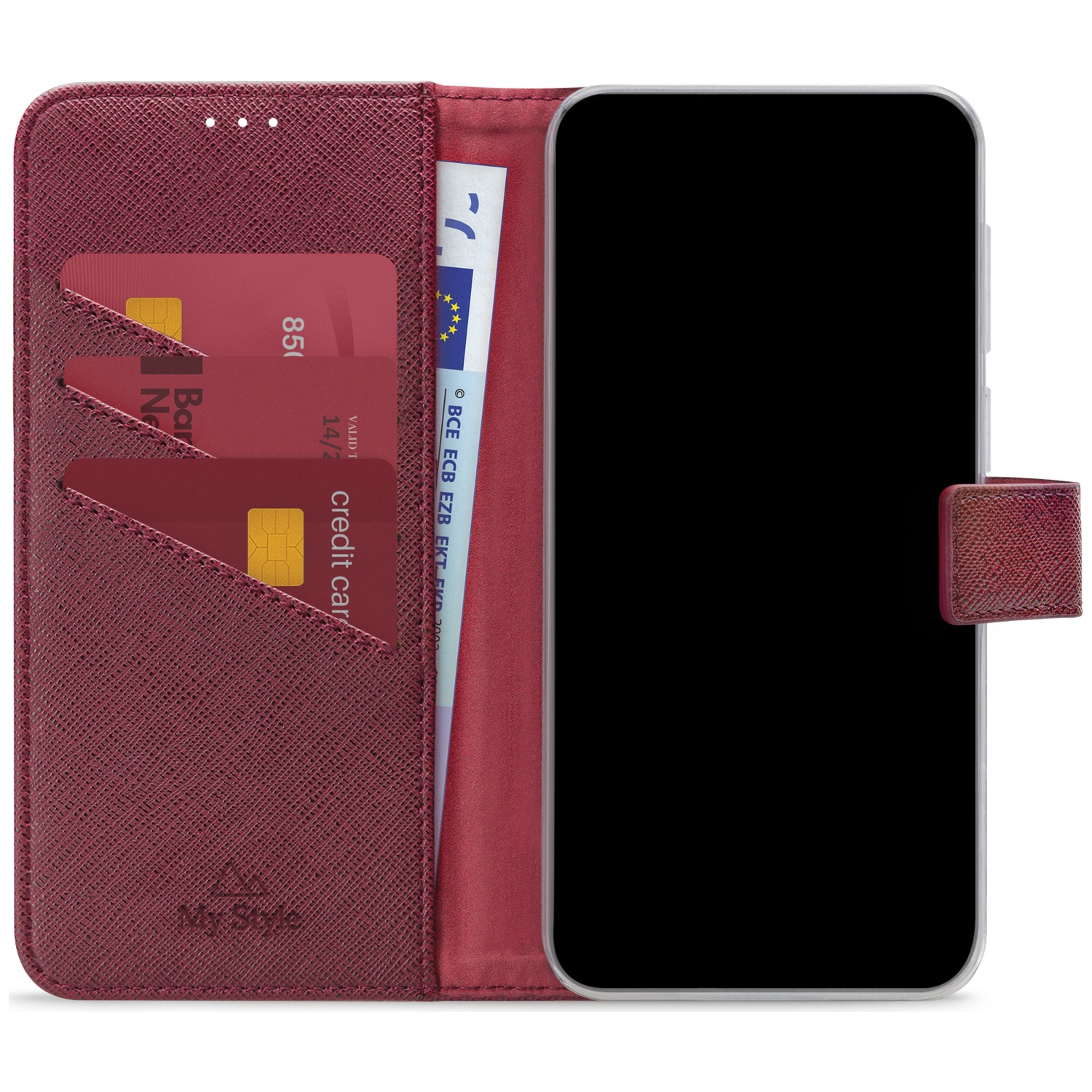 Étui de téléphone rouge avec fentes pour cartes contenant des cartes de crédit et un billet.