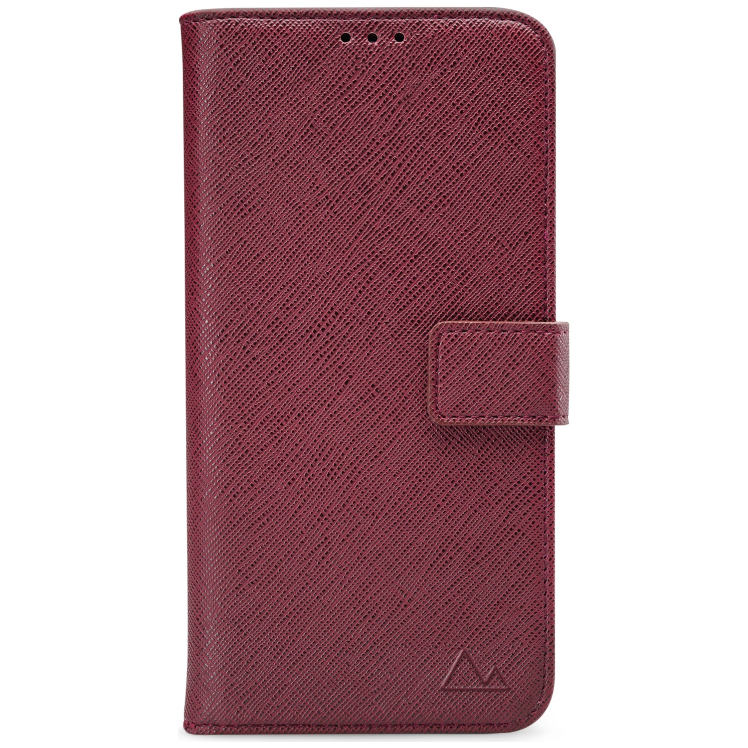 Étui de téléphone bordeaux fermé, texturé, avec rabat et logo.
