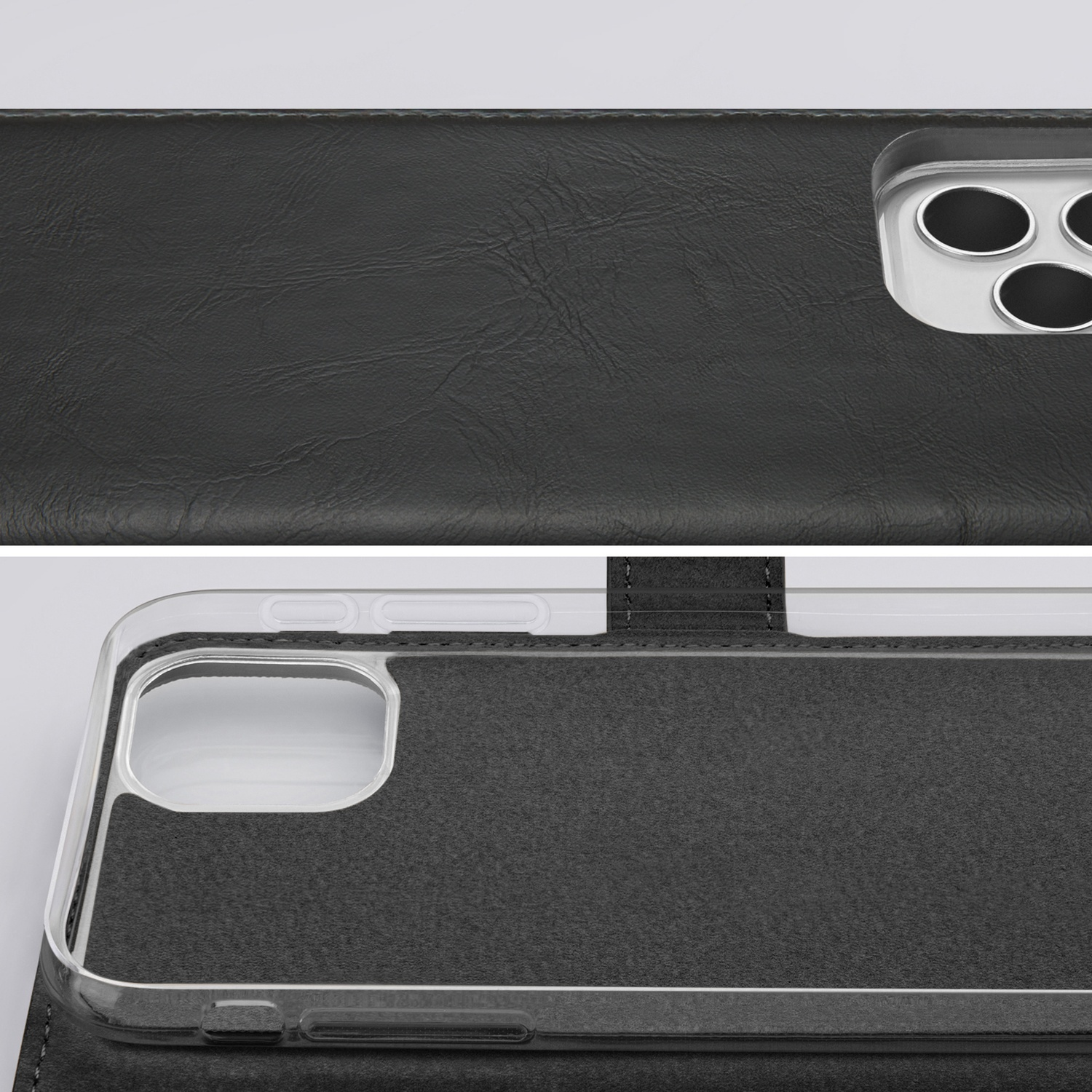 Étui de téléphone noir en similicuir avec découpe caméra.