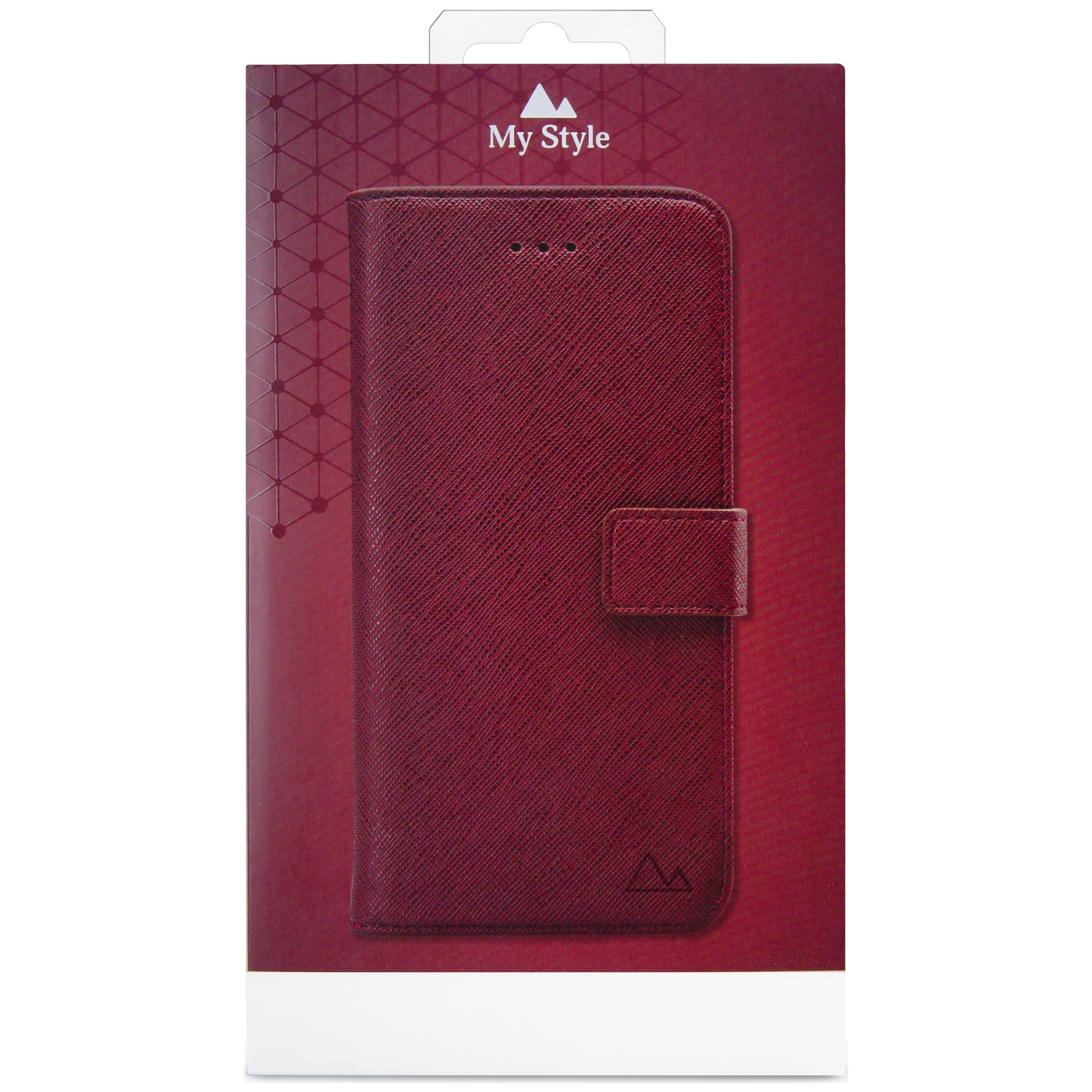 Une coque de téléphone texturée bordeaux sur un emballage assorti.