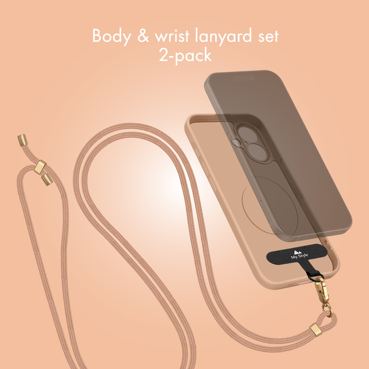 A beige 2-pack body and wrist lanyard set with gold hardware. Shown on phones.