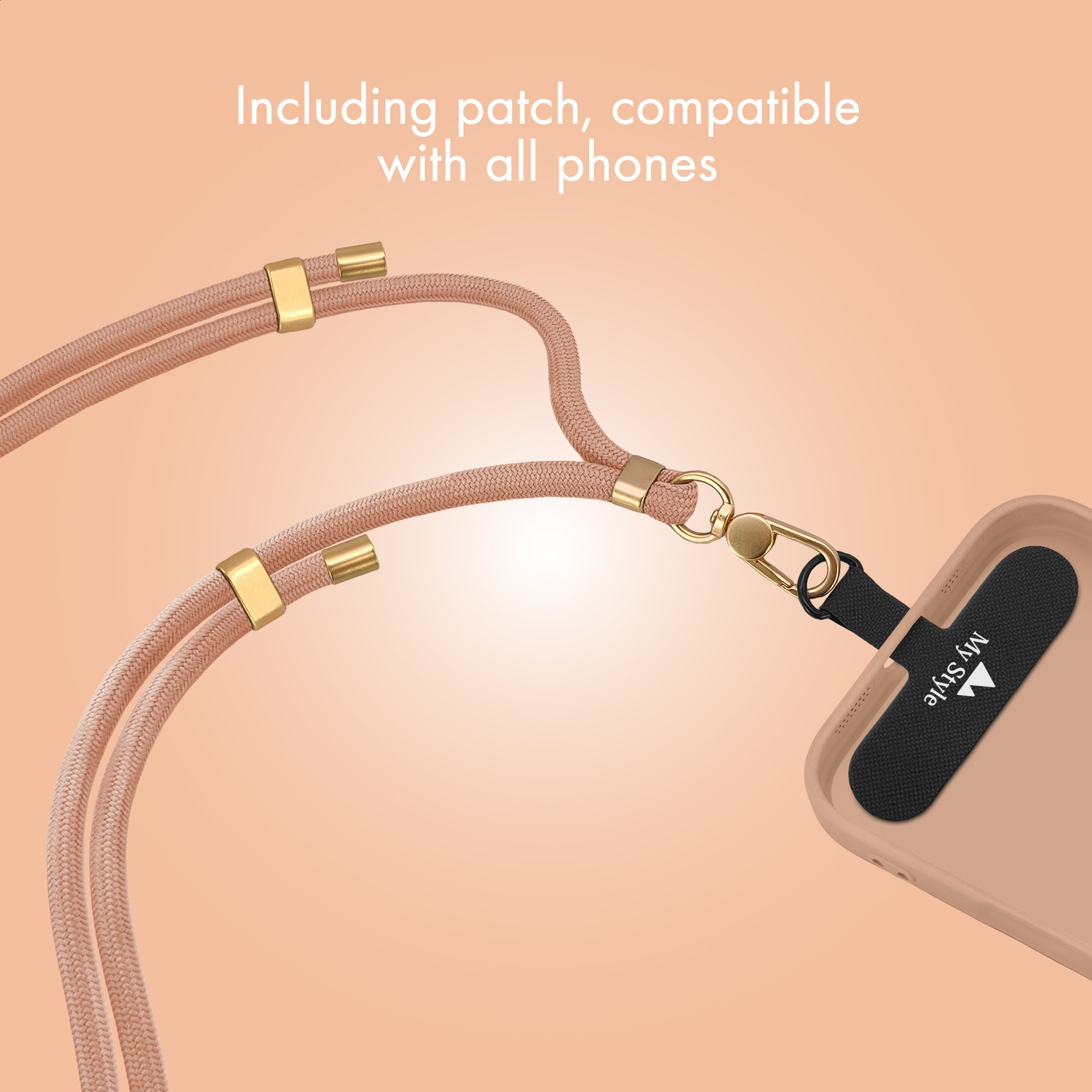 A beige phone lanyard with gold hardware attached to a phone case.
