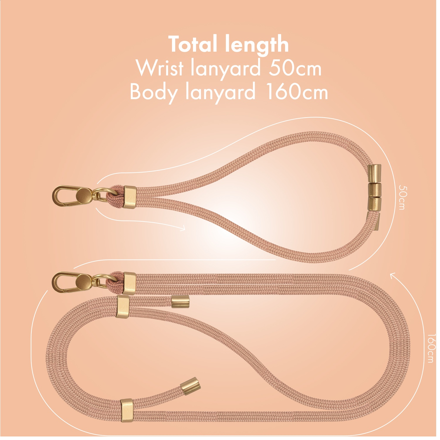 Two rose-colored lanyards with gold clasps, 50cm and 160cm.