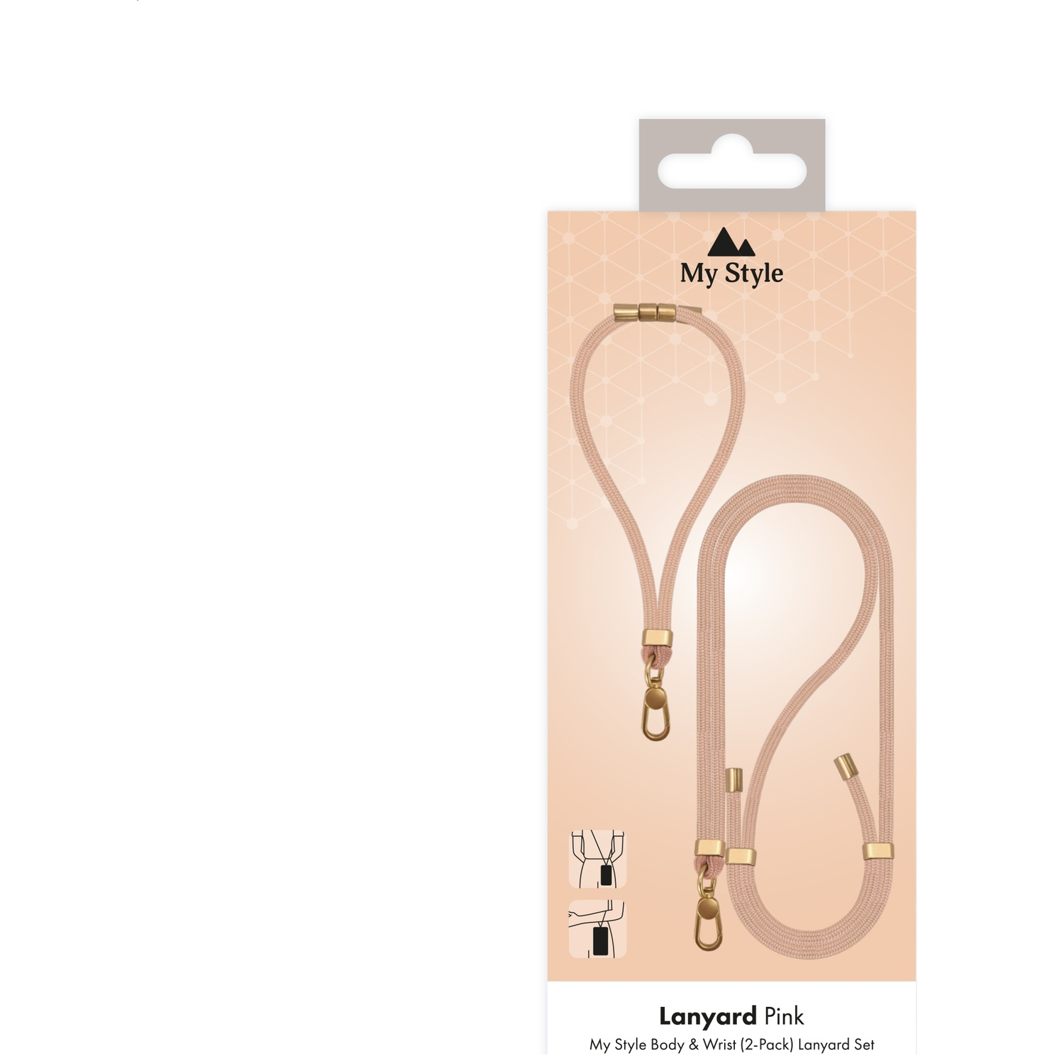 Packaging with a pink lanyard set featuring gold hardware.