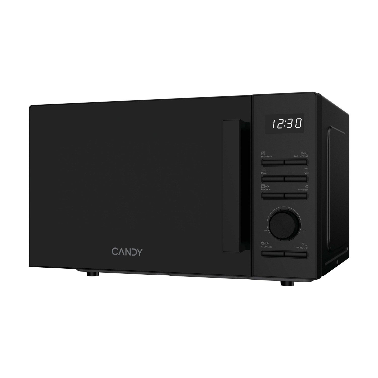 Forno a microonde Candy nero con display digitale che mostra 12:30 e pulsanti.