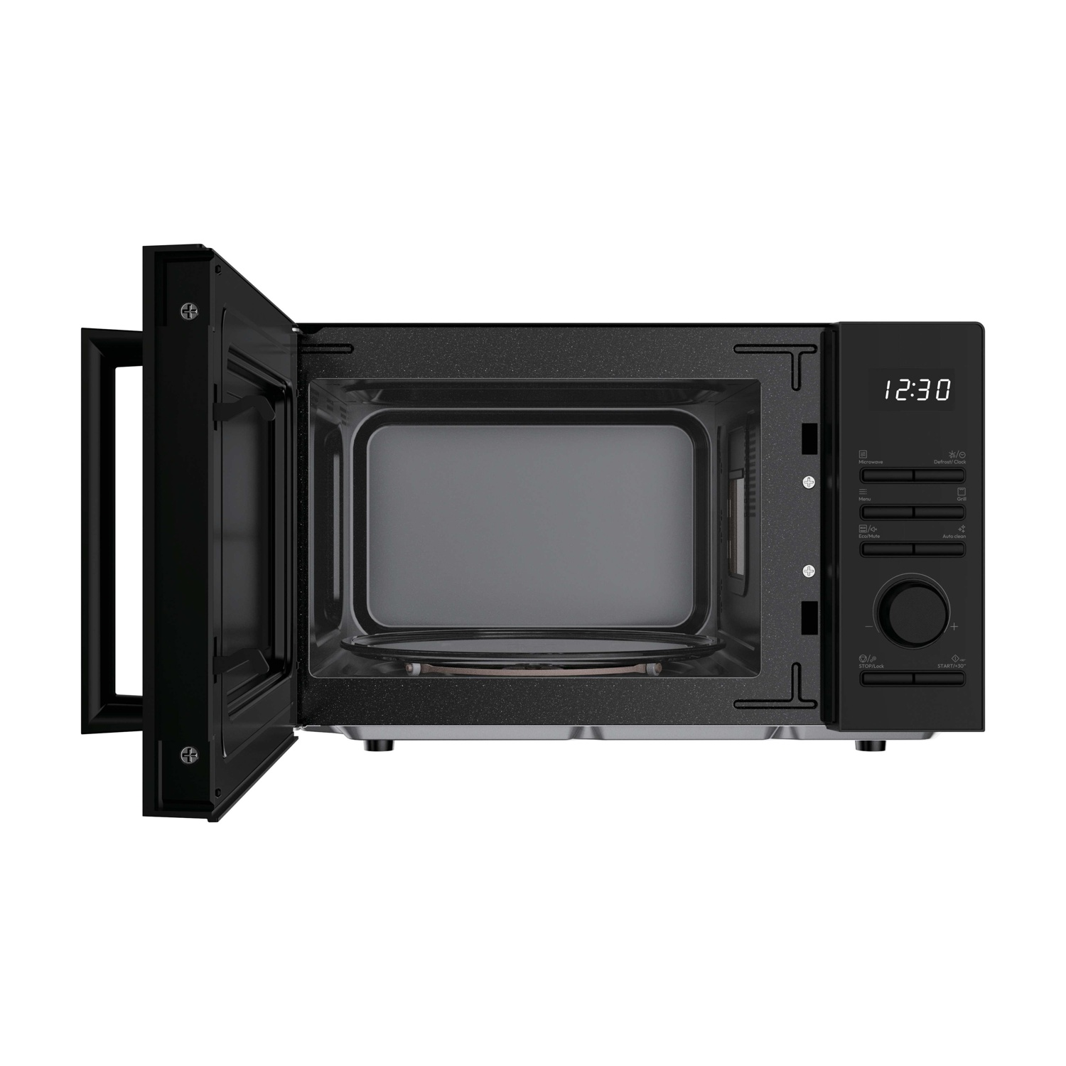 Interno di un microonde nero con porta aperta e display digitale dell'ora.