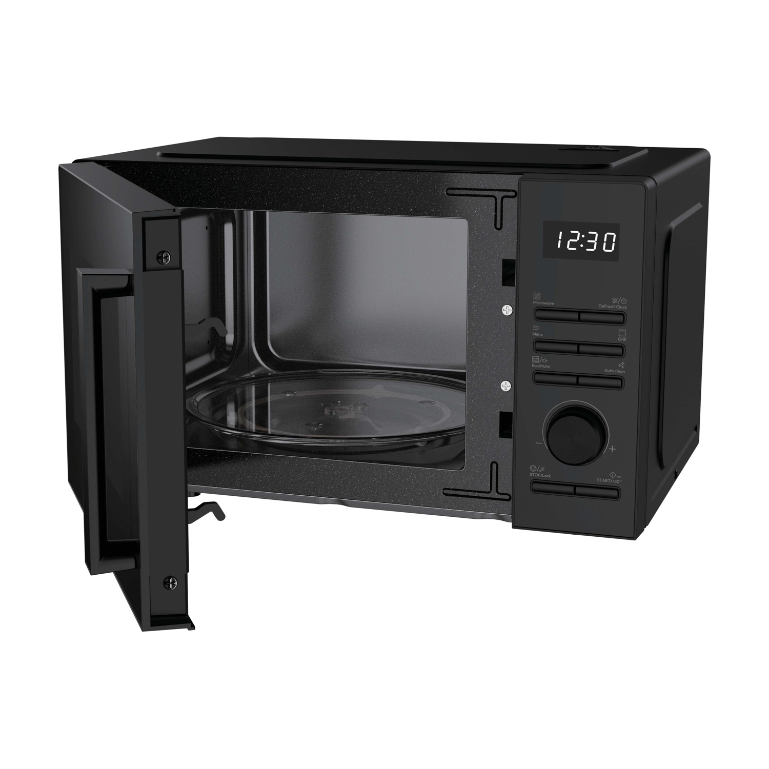 Forno a microonde nero con porta aperta e piatto girevole in vetro. Display: 12:30.