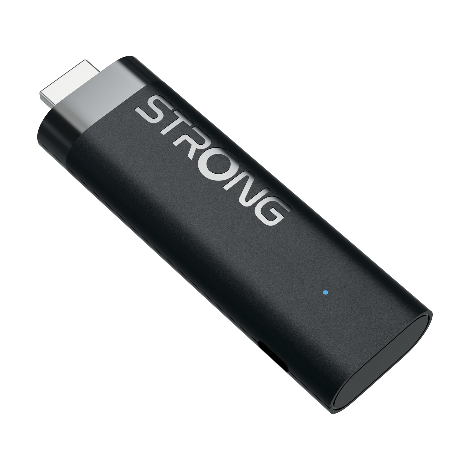 Un dongle HDMI nero con testo STRONG e una luce indicatore blu.
