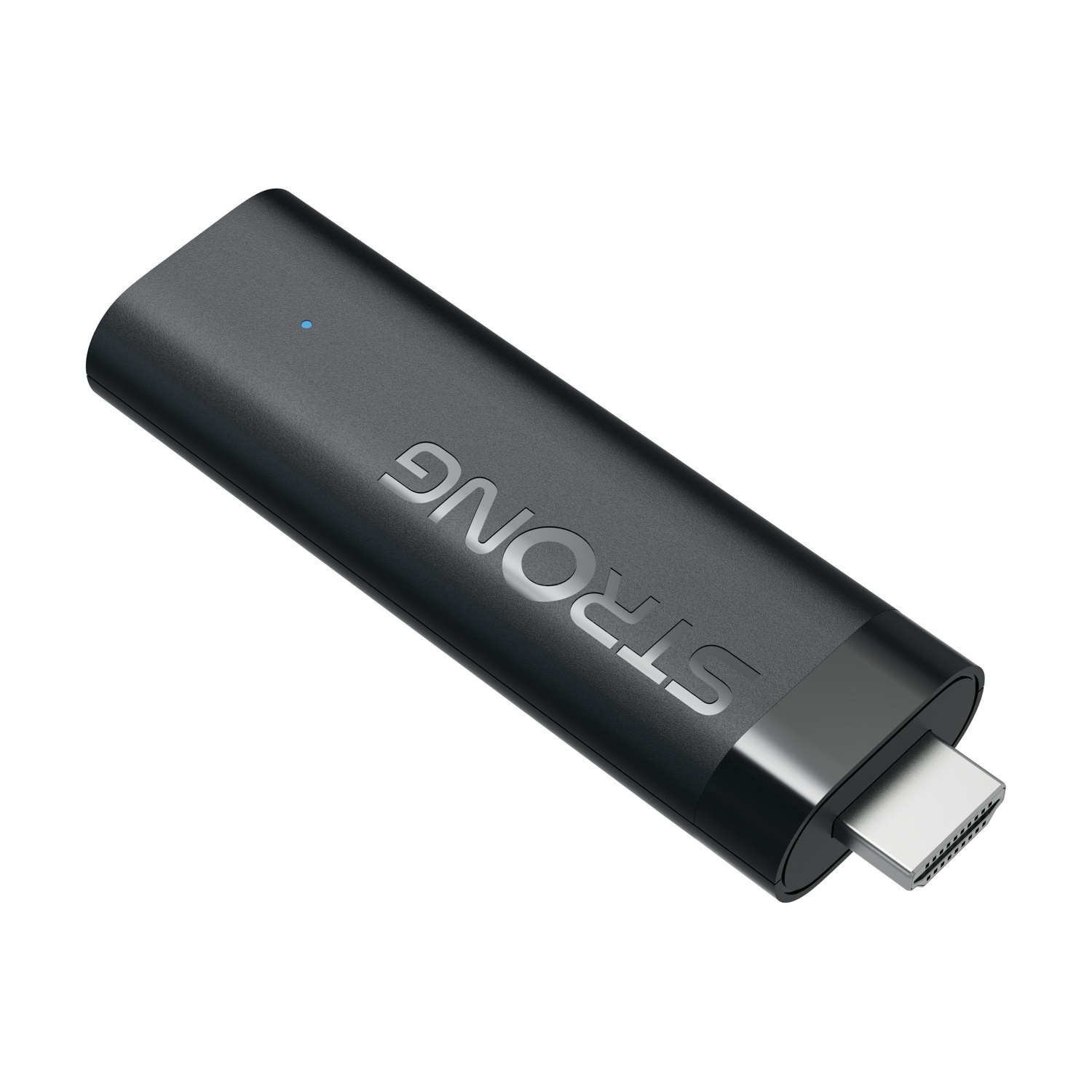 Chiavetta streaming nera con connettore HDMI e LED blu acceso.