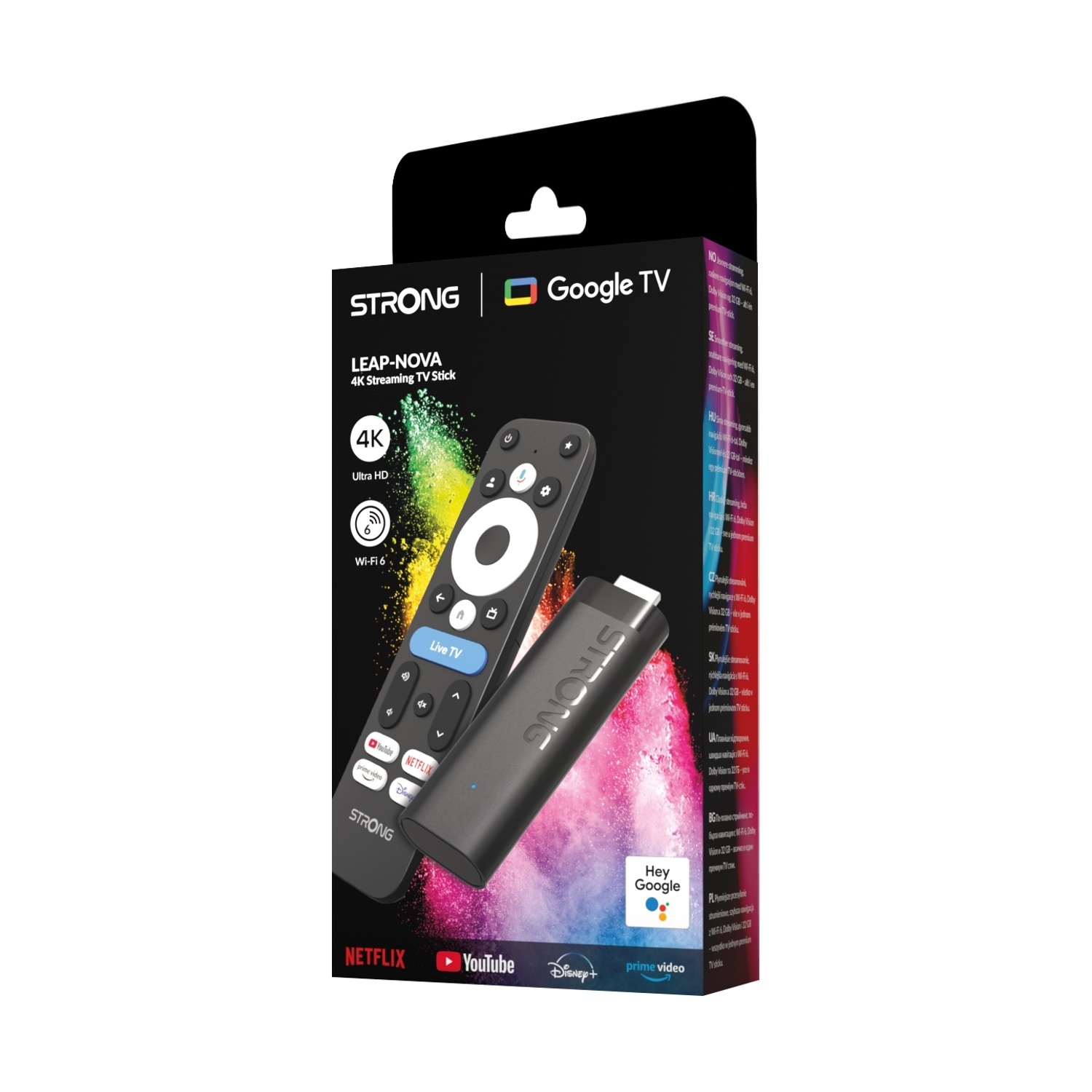 Confezione di un STRONG LEAP-NOVA 4K Streaming TV Stick con telecomando.
