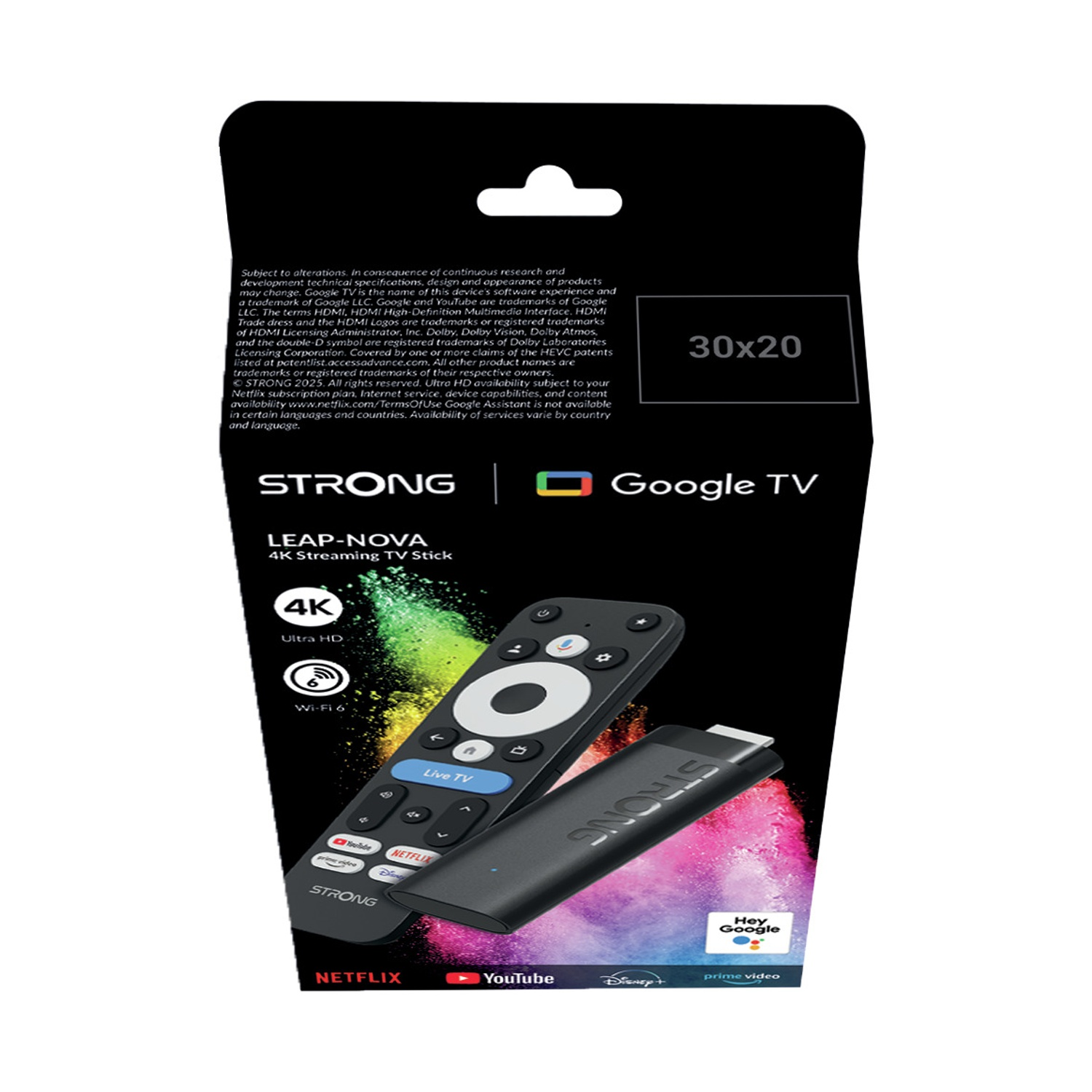 Un dongle di streaming nero con telecomando, loghi Netflix, YouTube, Disney+.