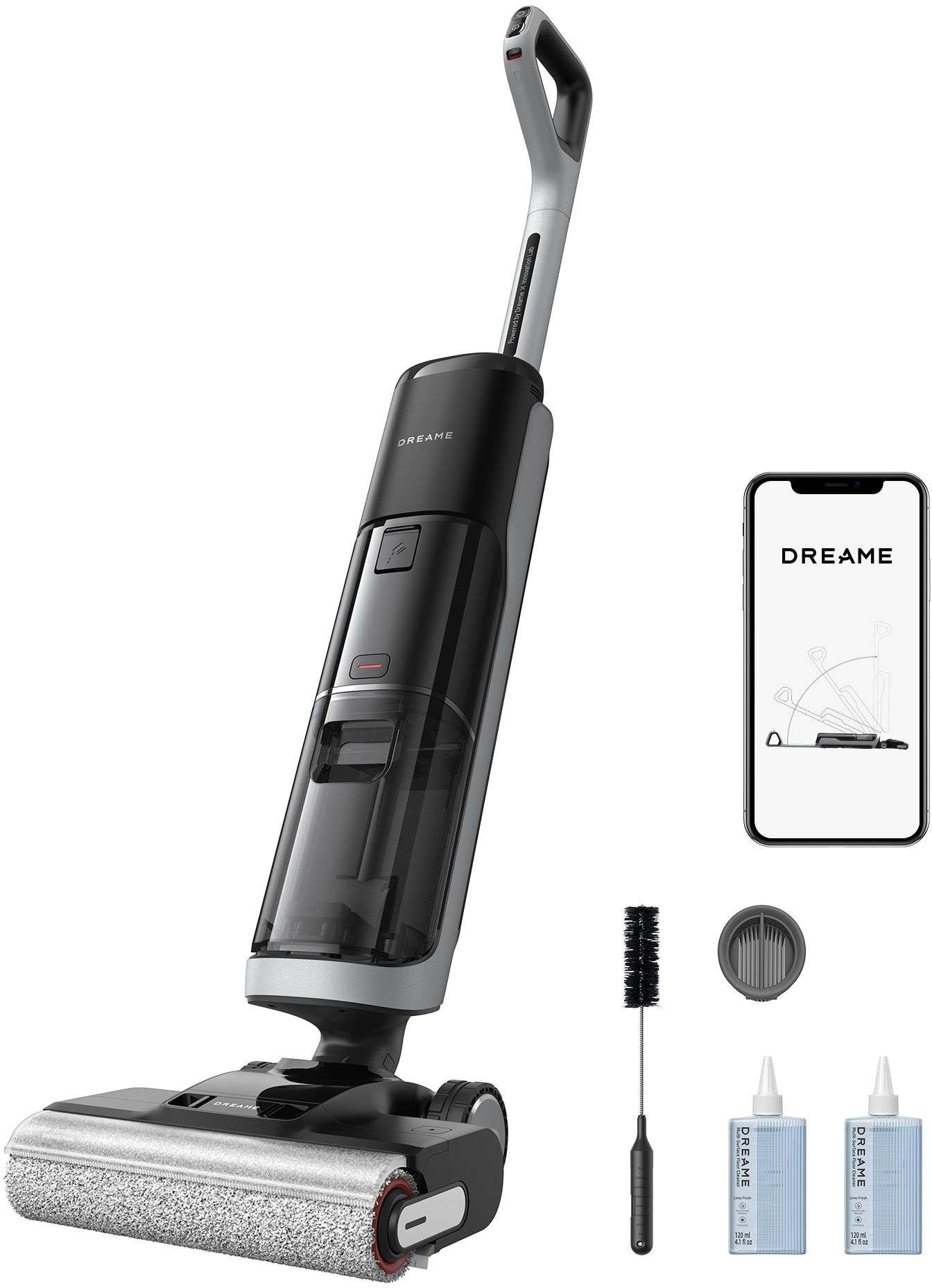 Un aspirapolvere wet/dry senza fili con accessori e display smartphone.