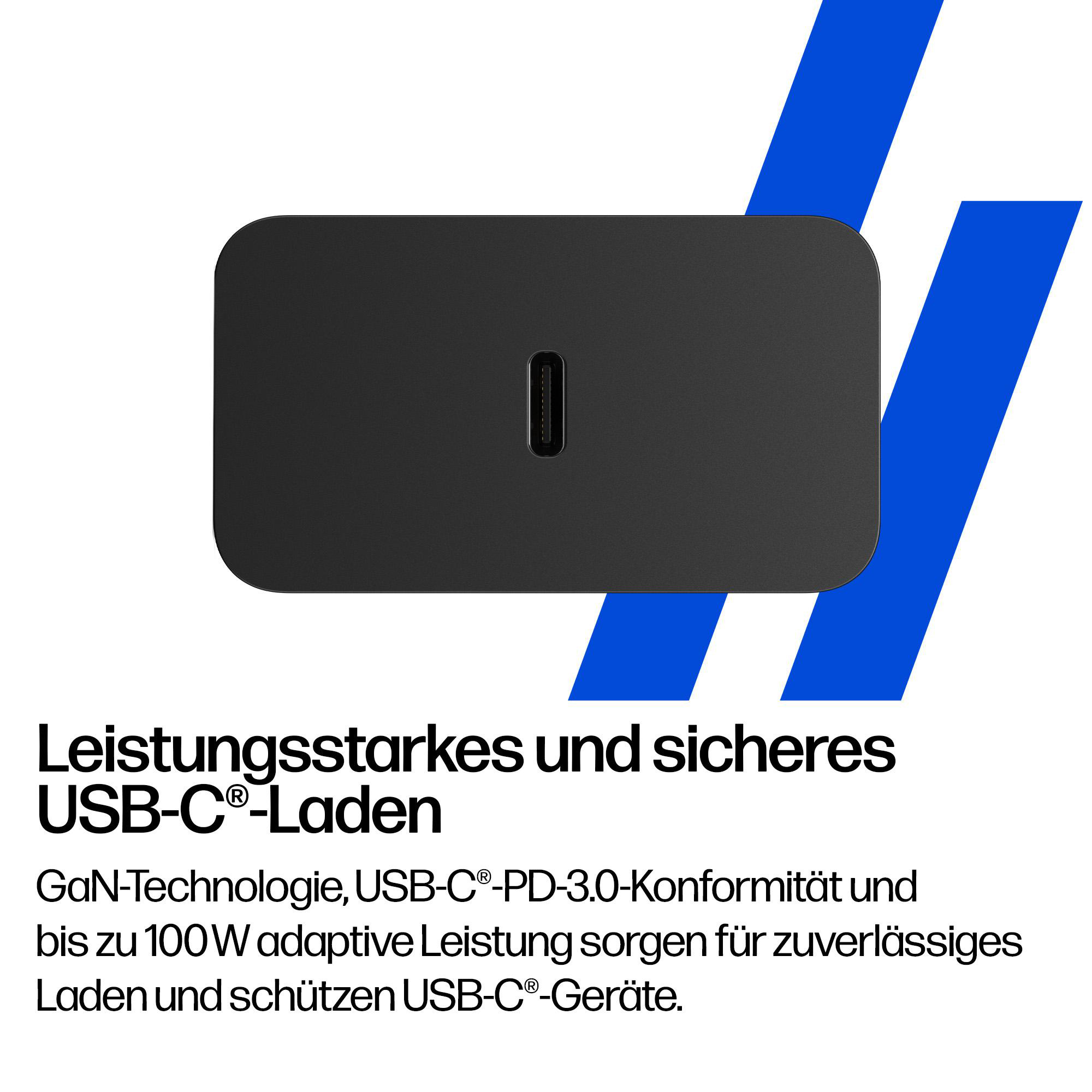Schwarzes USB-C Ladegerät mit blauen Streifen und Text.