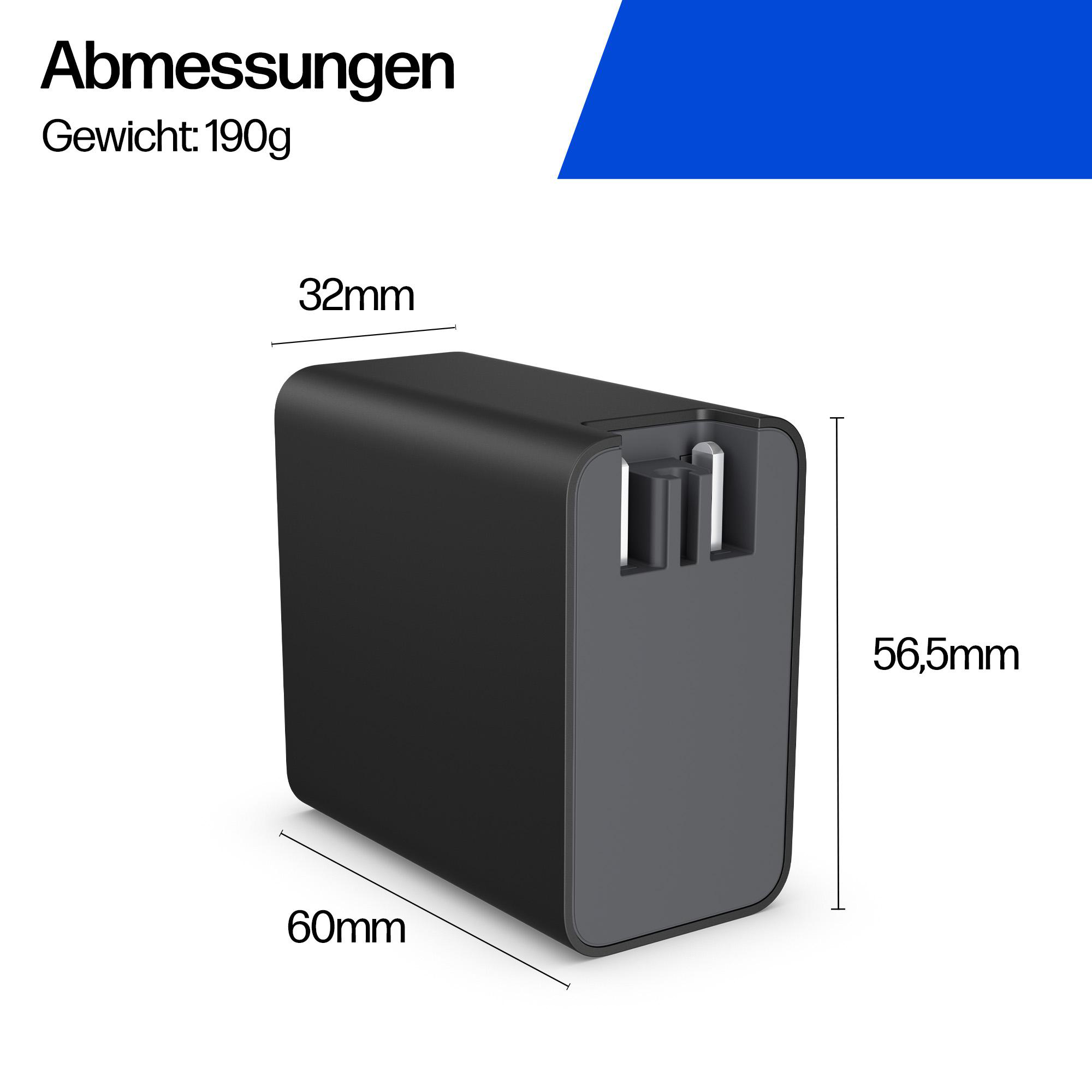 Schwarzes Netzteil mit Maßen 60x56,5x32mm. Gewicht 190g.