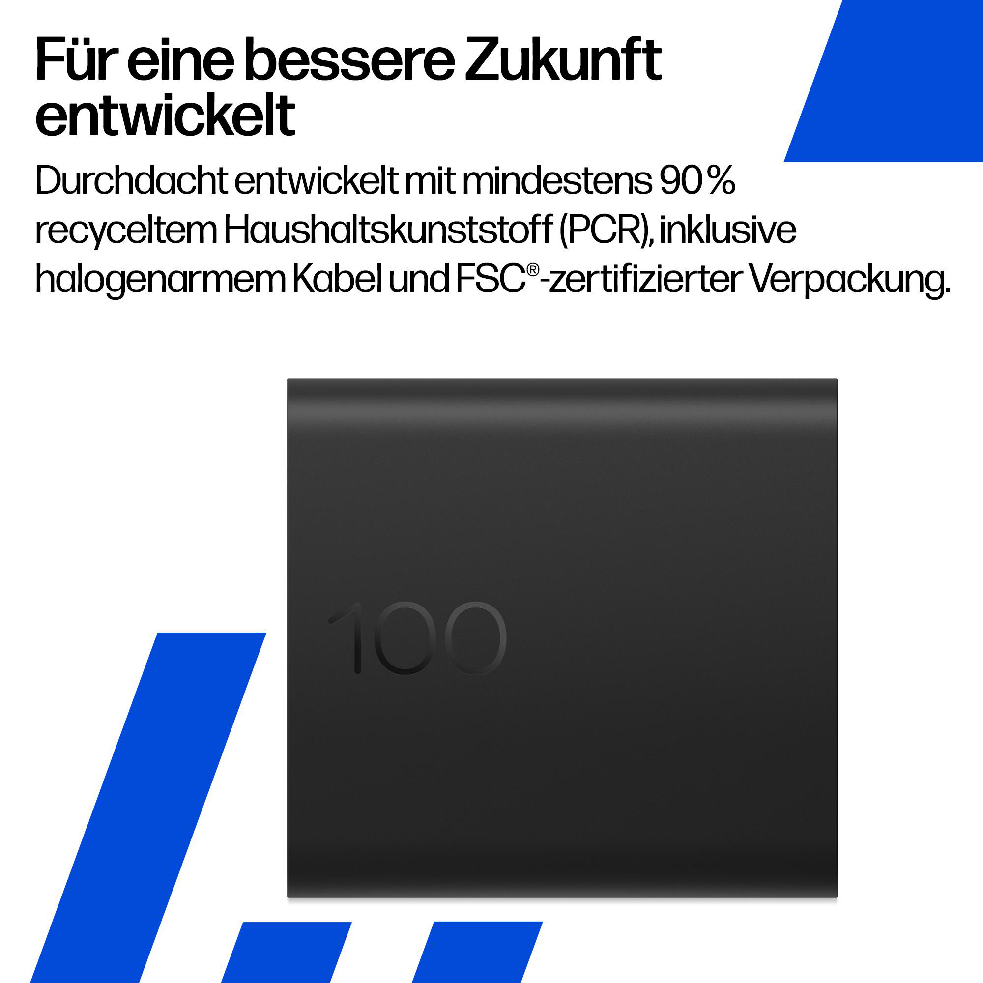 Schwarzes Objekt mit der Zahl 100, daneben deutscher Text.