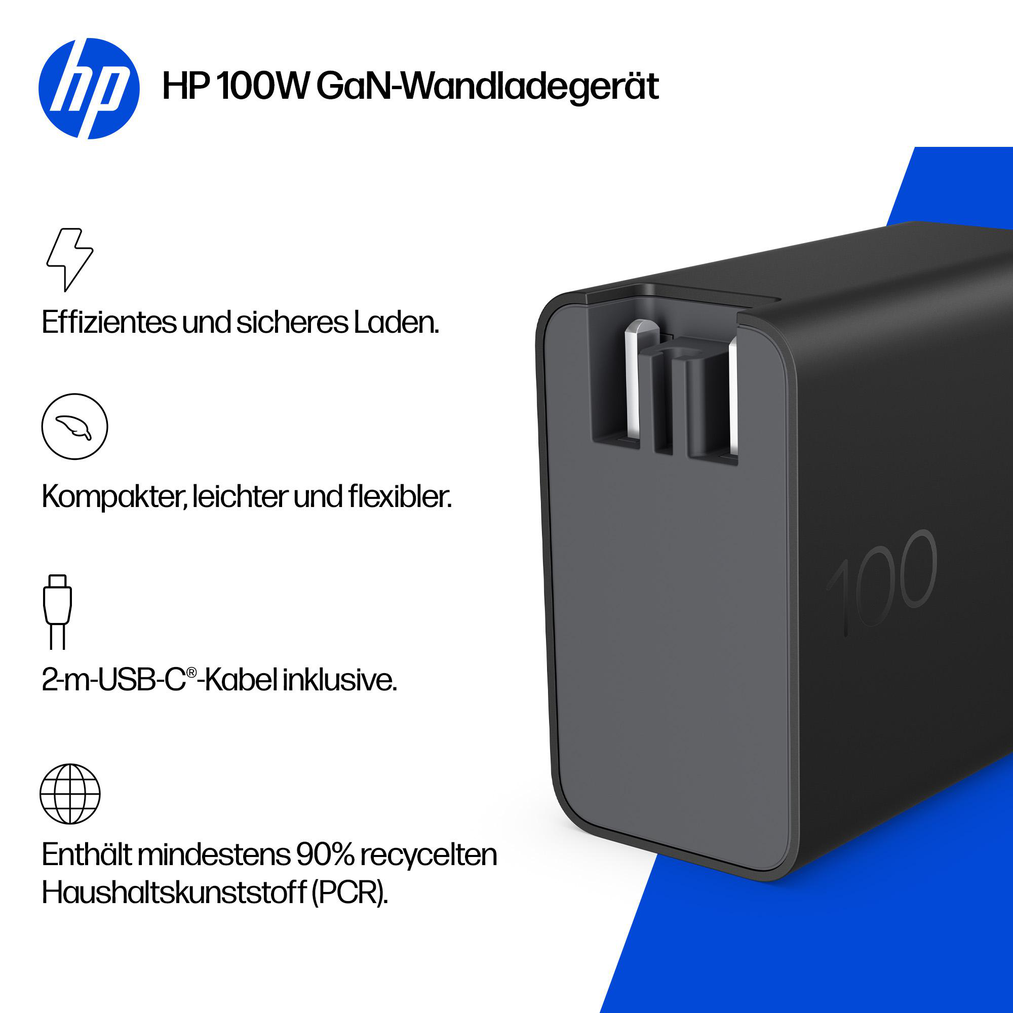 Schwarzer HP 100W GaN-Wandladegerät mit USB-C-Kabel. Effizient, kompakt.