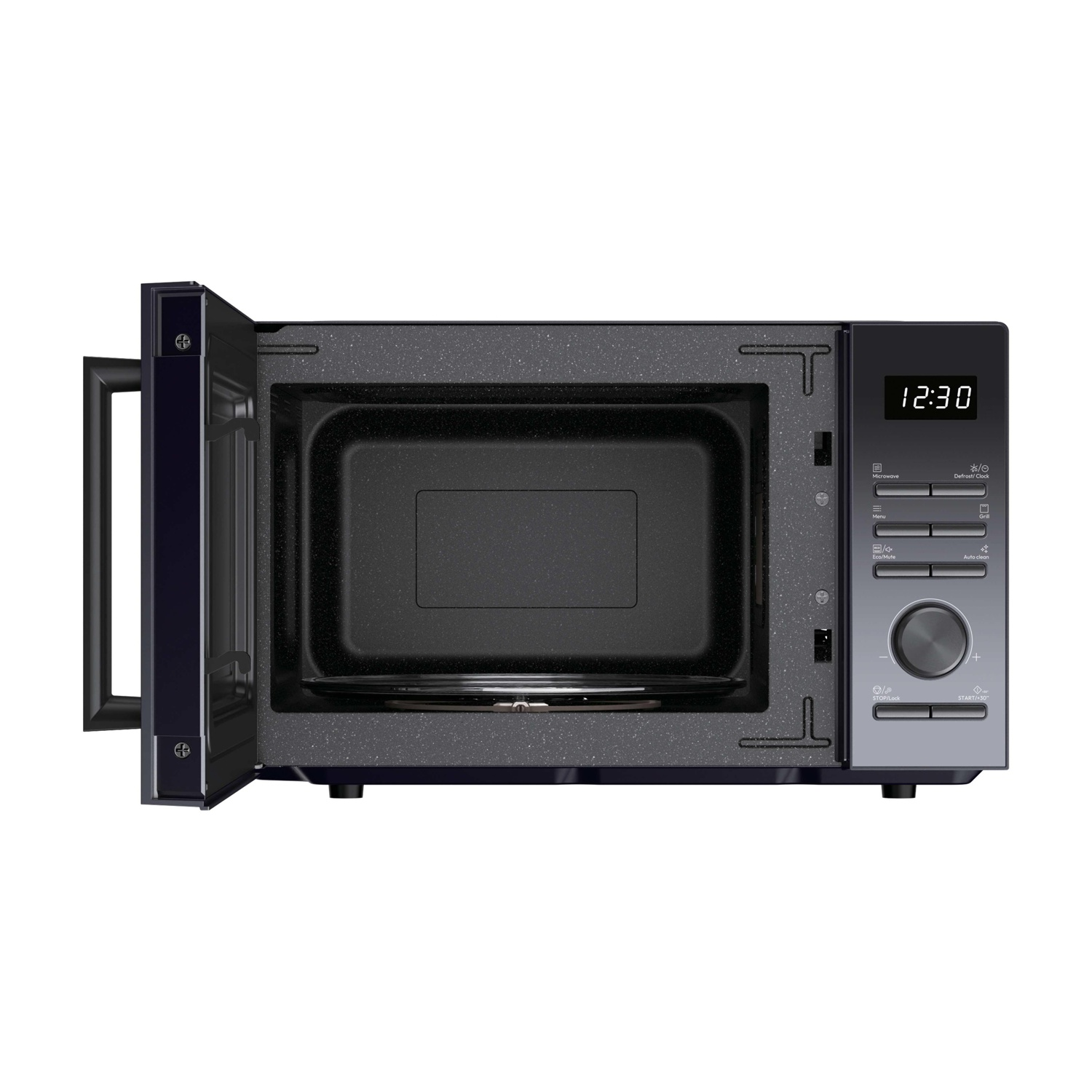 Forno a microonde blu scuro aperto con display digitale e controlli. Ore 12:30.