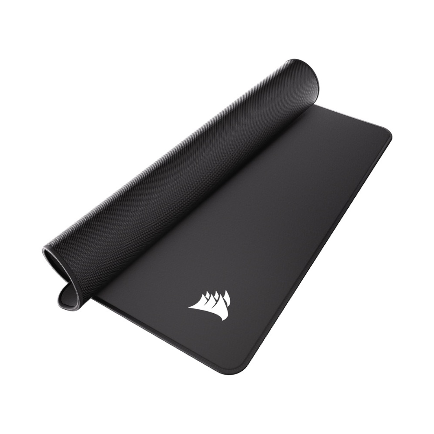 Tappetino per mouse nero, parzialmente arrotolato, con logo bianco.